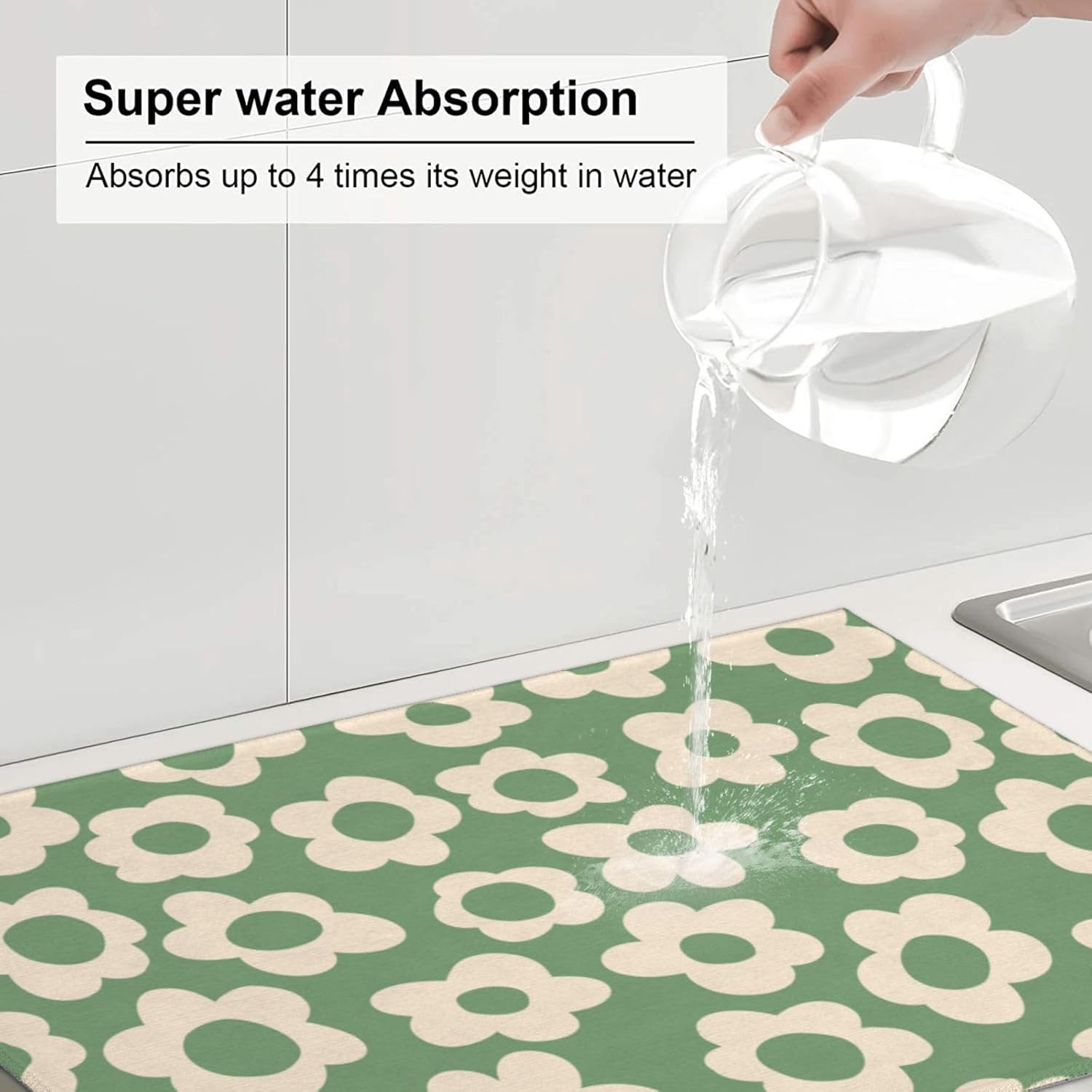 Floral Kitchen Dish Drying Mat for Dishes 18x24 Inch Vintage Groovy Flowers Drying Mat White Daisy Dish Drainer Mat Super Absorbent Dish Rack Pad for Coffee Bar Sinks(Green) - cafe - crumble.com