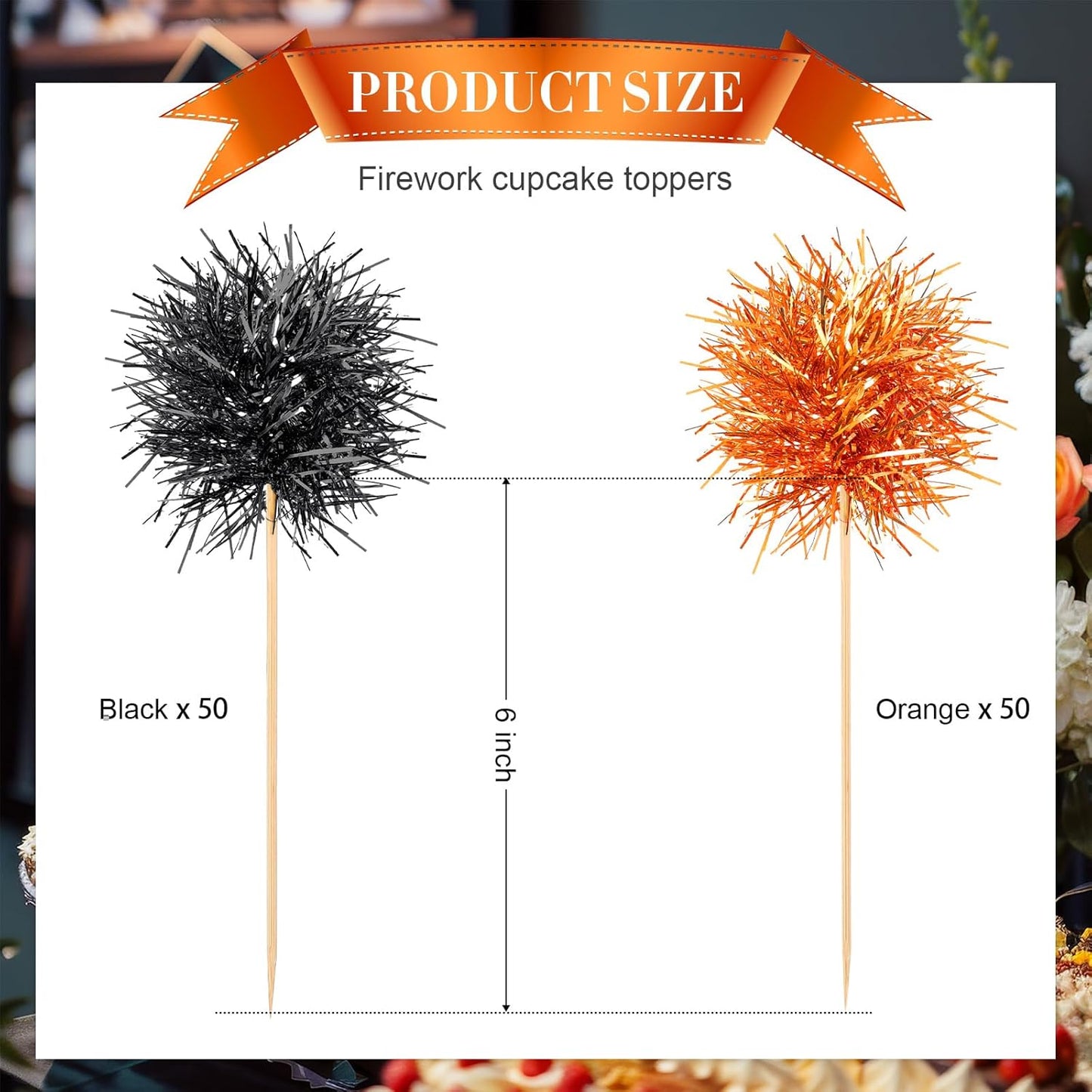 Chinco 100 Pcs Foil Firework Cupcake Toppers Sparkle Tinsel Cake Toppers Cake Decoration Cocktail Fruit Toothpick for Birthday Wedding Graduation Party(Orange, Black)