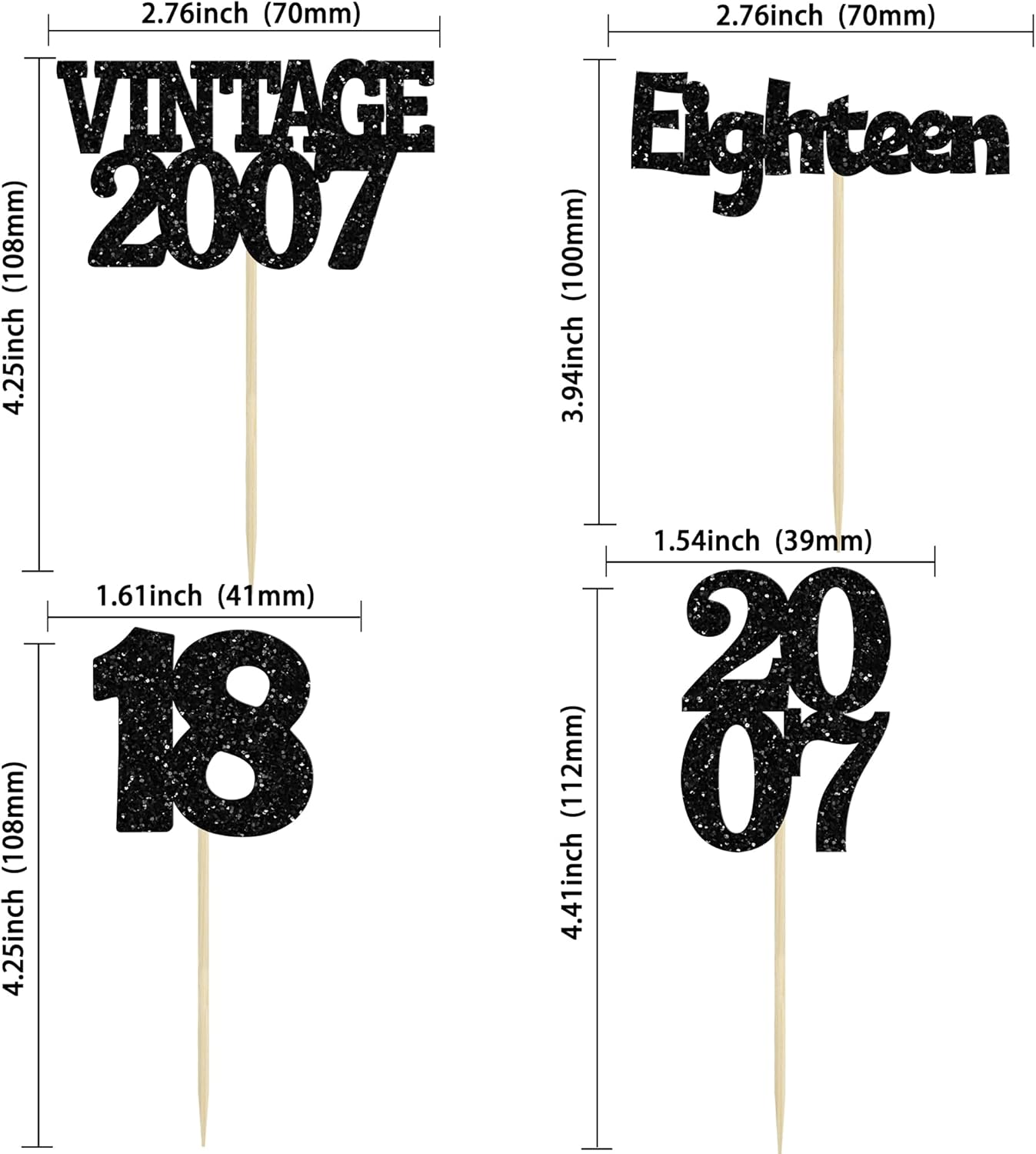 Gyufise 24Pcs 18th Birthday Cupcake Toppers Glitter Eighteen Vintage 2007 Adultish 18 Cupcake Picks Hello 18 Years Birthday Cake Decorations for Happy 18th Birthday Anniversary Party Supplies Black