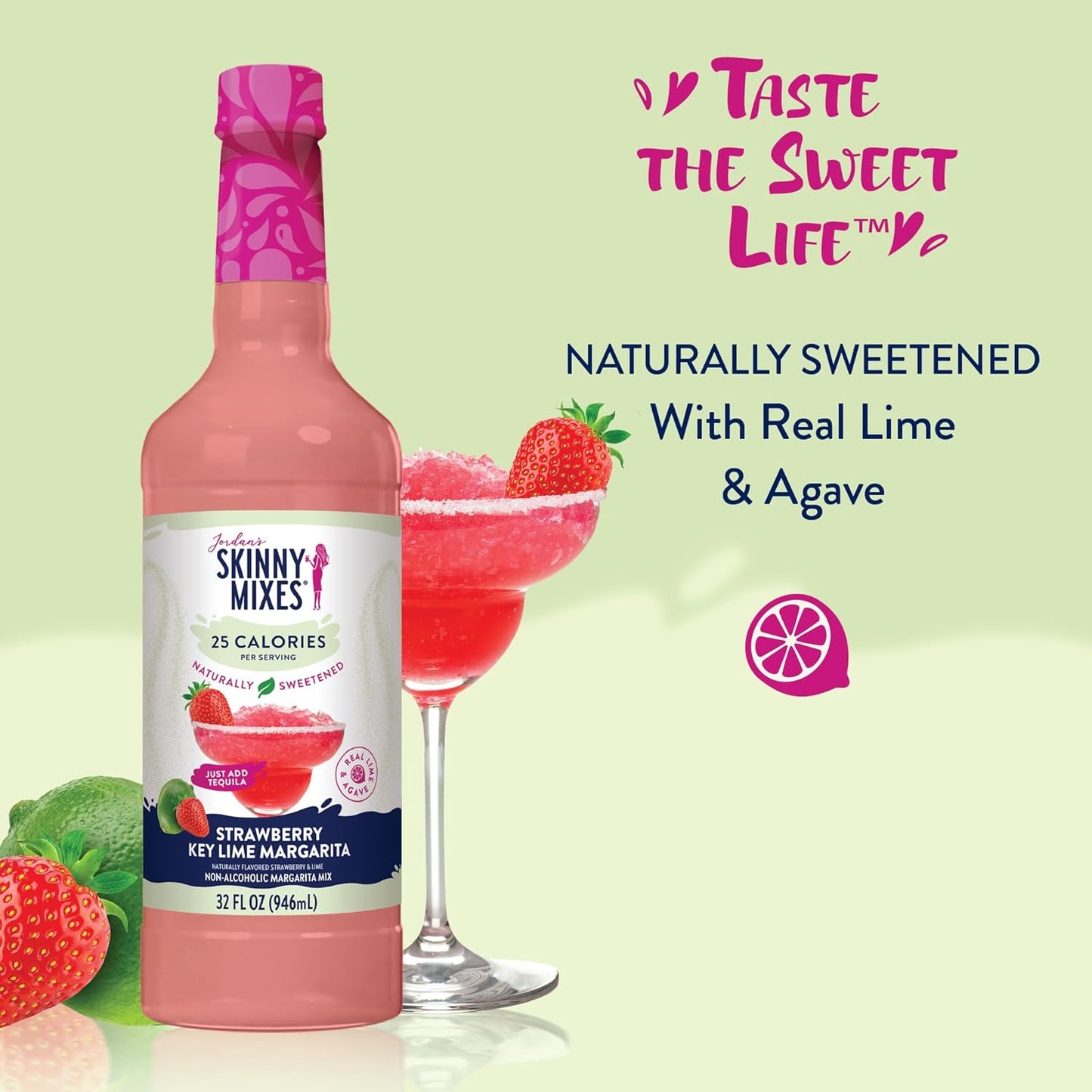 Jordan's Skinny Syrups Sugar Free Syrup, Naturally Sweetened Strawberry Key Lime Margarita Mix, 32 oz, Low Calorie Flavoring, Protein Shake, Cocktail & More, Gluten Free, Keto Friendly