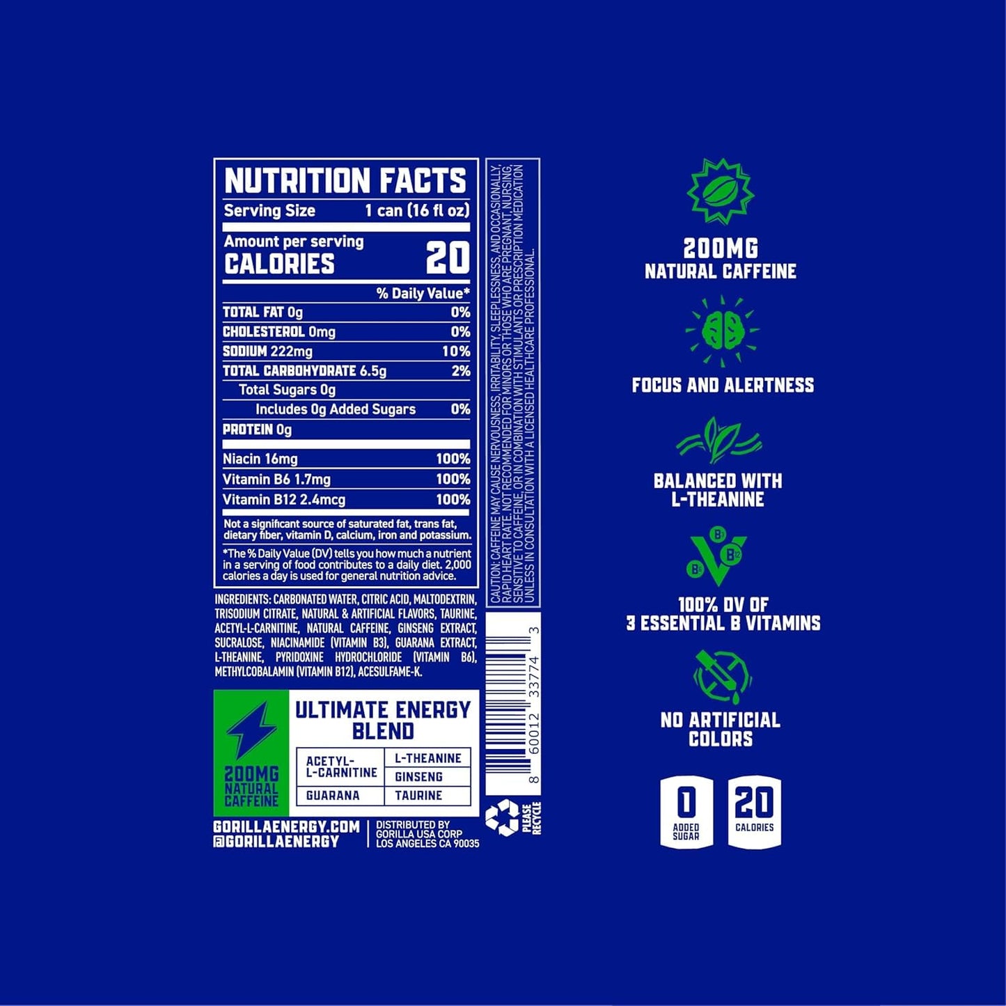 Gorilla Energy Drink, Variety Pack, 200mg Natural Caffeine, Real Fruit Juice Squeezed & Concentrated, L-Theanine, Taurine, Ginseng, Acetyl L-Carnitine, No Added Sugar and No Artificial Colors, 12 Pack