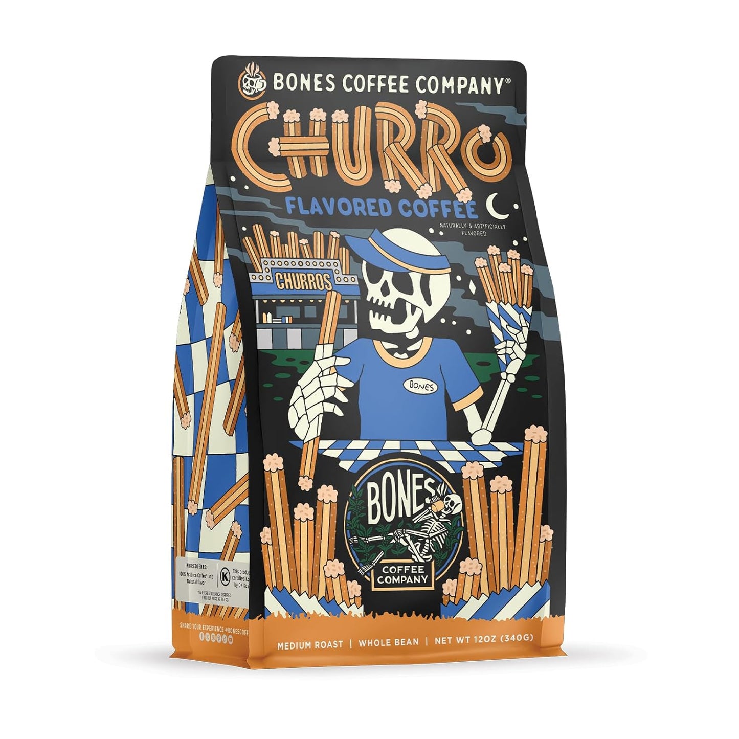 Bones Coffee Company Churro, Sweet Sugary Cinnamon Flavored Coffee, Medium Roast Low Acid Arabica Beans Compatible with Auto drip and French Press Coffee Maker, 12 Oz Whole Bean