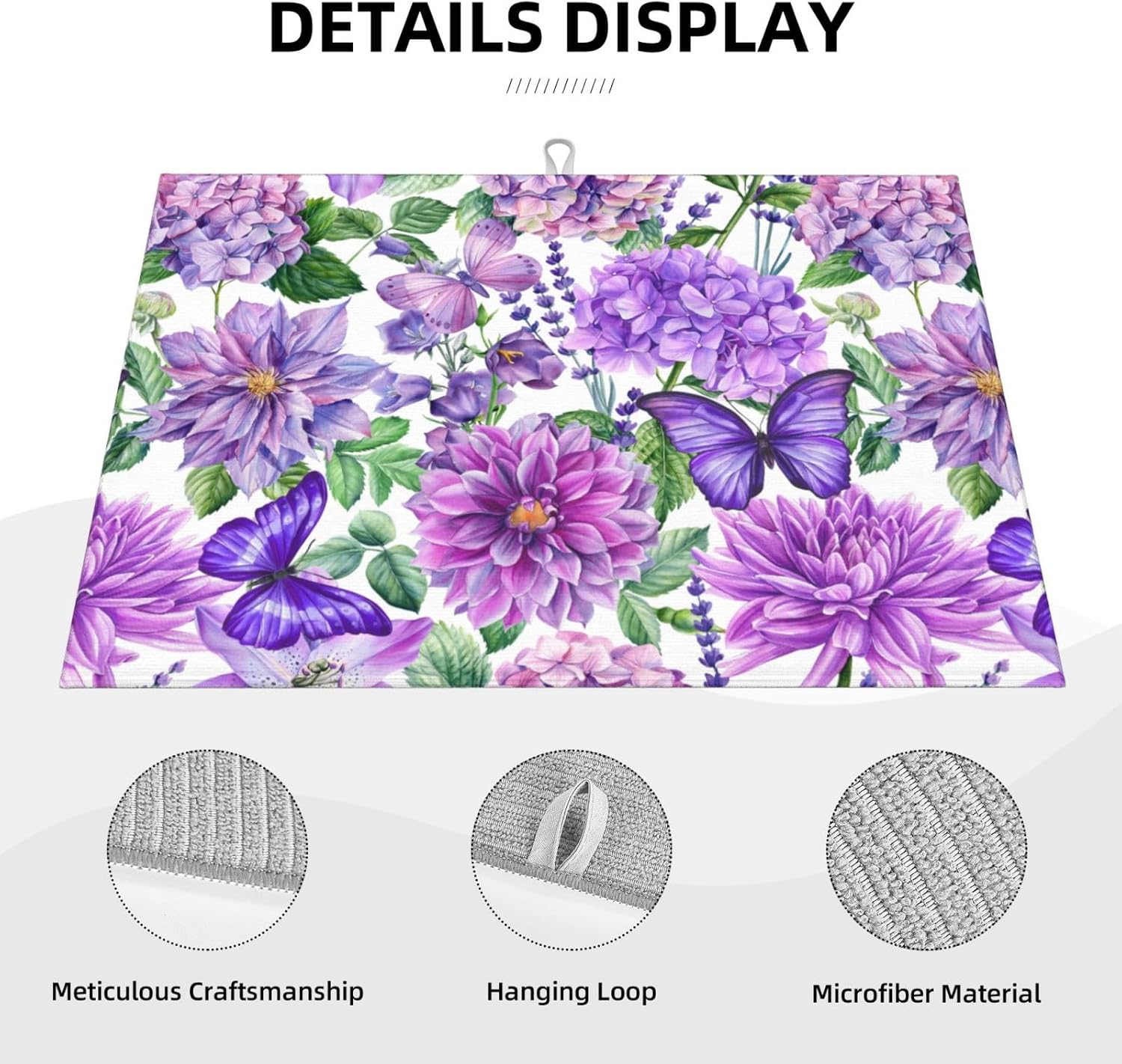 Purple Hydrangea Flowers Dish Drying Mat,Butterfly Floral Drying Rack Pad Countertop Dishes Ultra Absorbent Microfiber Kitchen Counter Mat for Coffee Countertop Decor 18x24 Inch - cafe - crumble.com