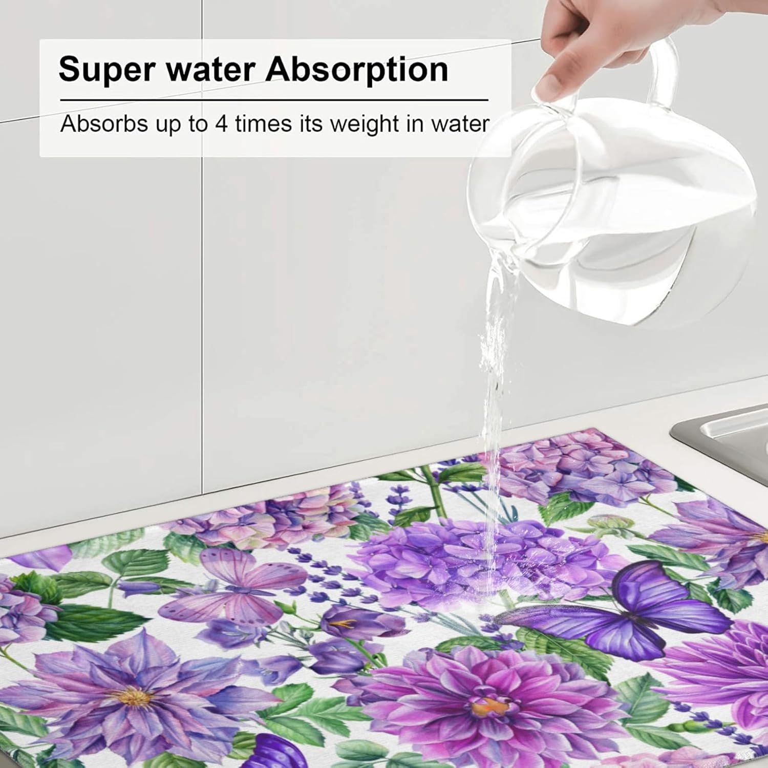 Purple Hydrangea Flowers Dish Drying Mat,Butterfly Floral Drying Rack Pad Countertop Dishes Ultra Absorbent Microfiber Kitchen Counter Mat for Coffee Countertop Decor 18x24 Inch - cafe - crumble.com