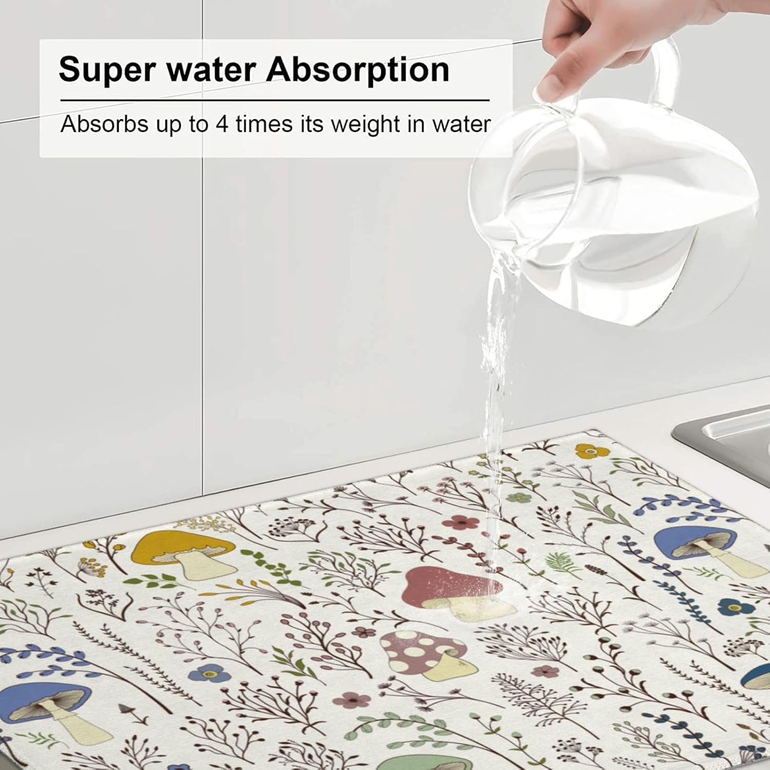 Cute Mushrooms Wild Plant Dish Drying Mat 18"x24" Microfiber Absorbent Fast Dry Mat for Kitchen Counter Coffee Bar Colored Mushroom Large Drying Mat Kitchen Decor Gifts - cafe - crumble.com