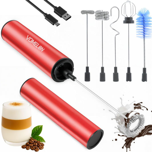 Rechargeable Milk Frother Handheld Electric Frother Wand Milk Foamer Drink Mixer for Coffee, Lattes, Cappuccino, and Egg, Stainless Steel for Travel - Rube Red - cafe - crumble.com