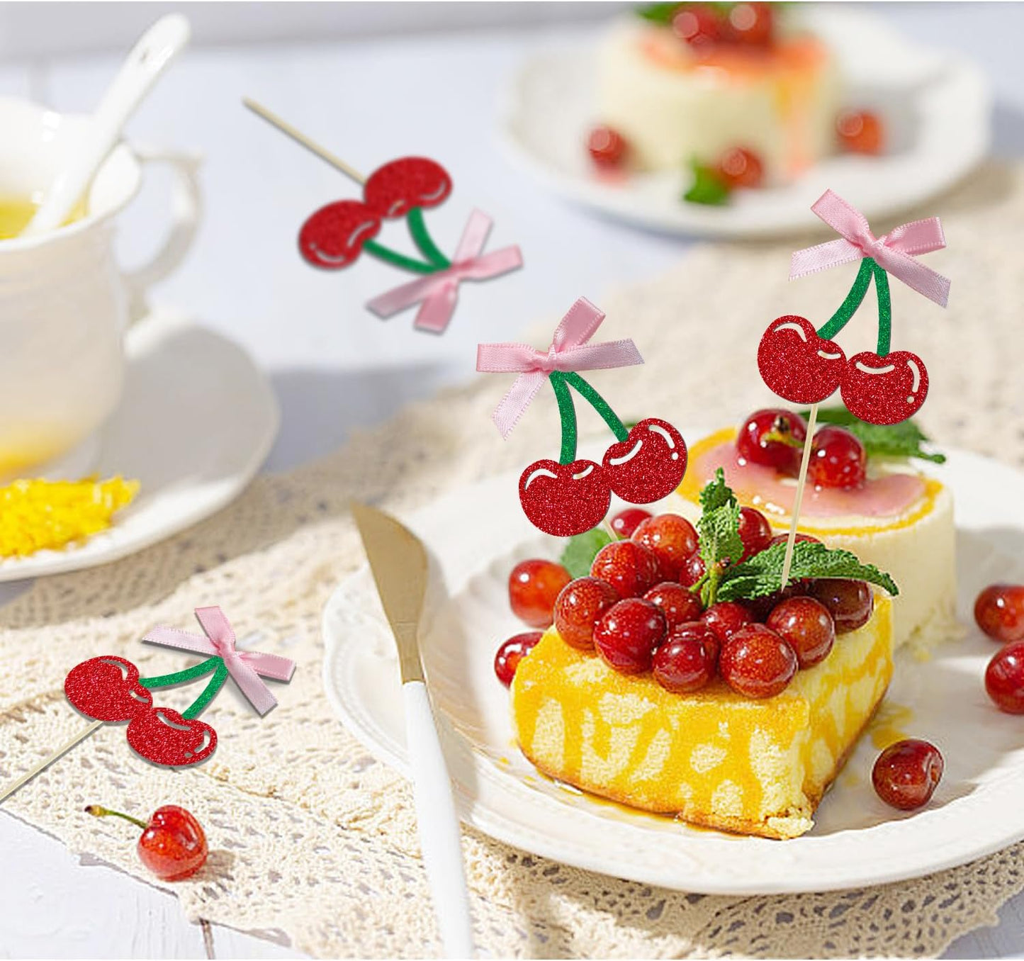 24 Pack Cherry Cupcake Toppers, Glitter Sweet Cherry Cupcake Pick for Fruits Theme Baby Shower and Birthday Decorations Supplies