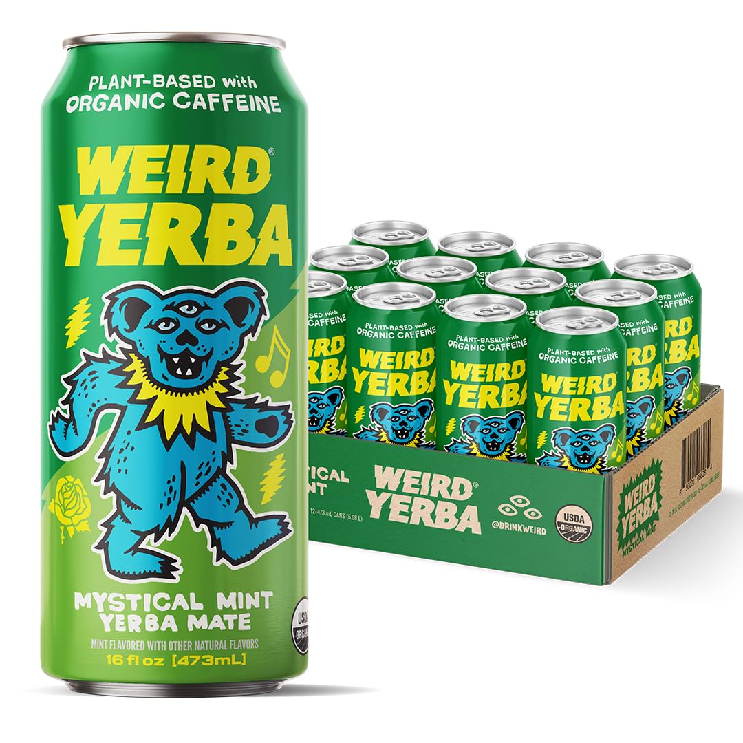 Drink Weird Organic Mystical Mint Yerba Mate – 16oz Cans, 160mg Organic Caffeine, Pack of 12 – Grateful Dead Collab, Clean Energy Drink Alternative