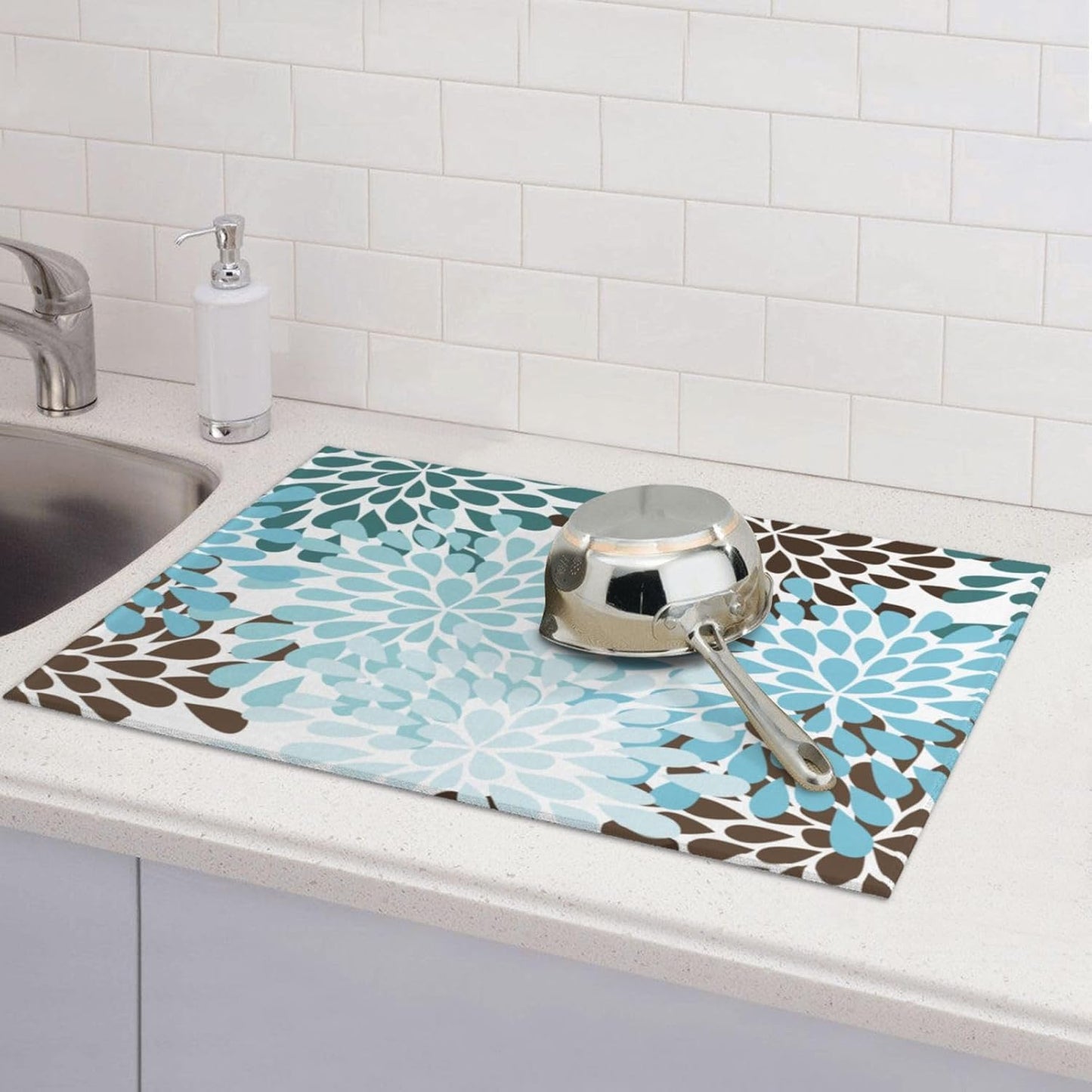 Blue Gray Dahlia Flowers Dish Drying Mat 18x24 inch for Kitchen Spring Floral Dishes Pad Dish Drainer Rack Mats Absorbent Fast Dry Kitchen Accessories - cafe - crumble.com