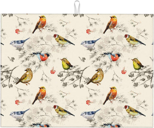 Spring Birds Dish Drying Mat Chinoiserie Watercolor Floral Branch Colorful Bird Microfiber Absorbent Drying Mats Reversible Kitchen Countertop Protector Dishes Drainer Rack Pad 18x24 Inch - cafe - crumble.com