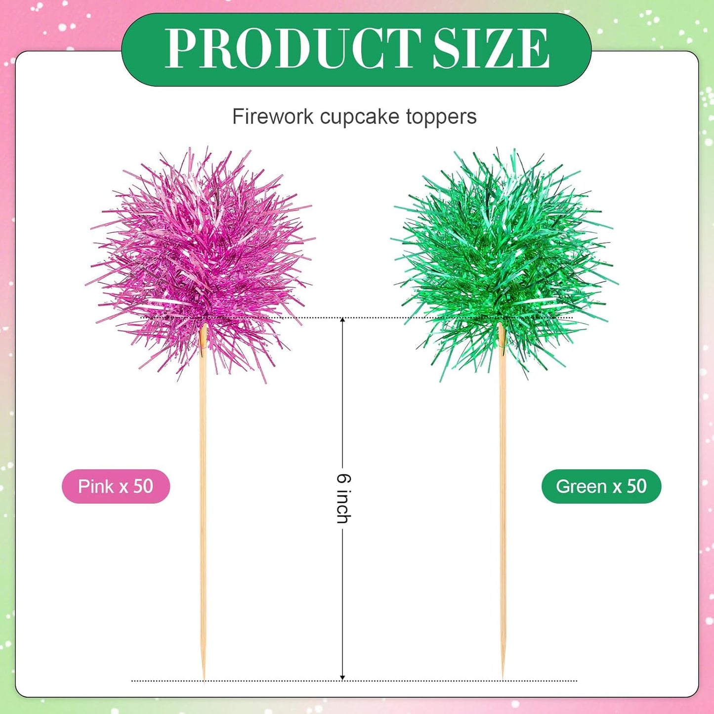 Chinco 100 Pcs Foil Firework Cupcake Toppers Sparkle Tinsel Cake Toppers Cake Decoration Cocktail Fruit Toothpick for Birthday Wedding Graduation Party(Pink, Gold)