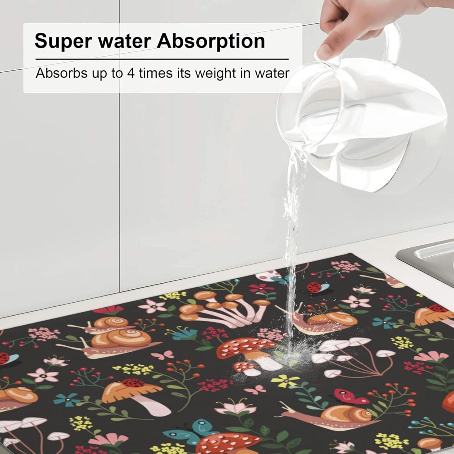 Mushroom Snails Dish Drying Mat for Kitchen Counter 18x24 Inch, Spring Floral Kitchen Drying Mat,Cute Mushrooms Decor Dishes Pad Dish Drainer Rack Mats Absorbent Fast Dry Kitchen Accessories - cafe - crumble.com