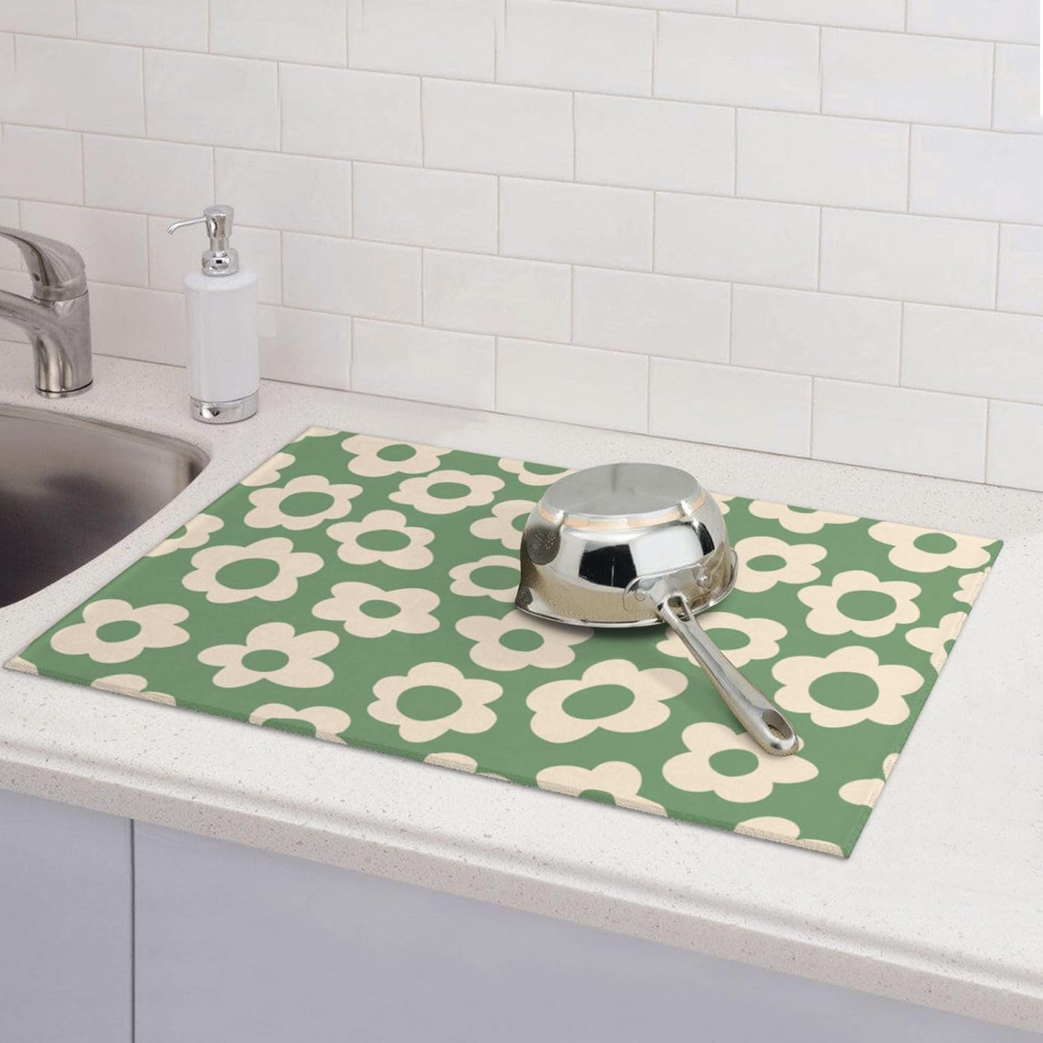Floral Kitchen Dish Drying Mat for Dishes 18x24 Inch Vintage Groovy Flowers Drying Mat White Daisy Dish Drainer Mat Super Absorbent Dish Rack Pad for Coffee Bar Sinks(Green) - cafe - crumble.com