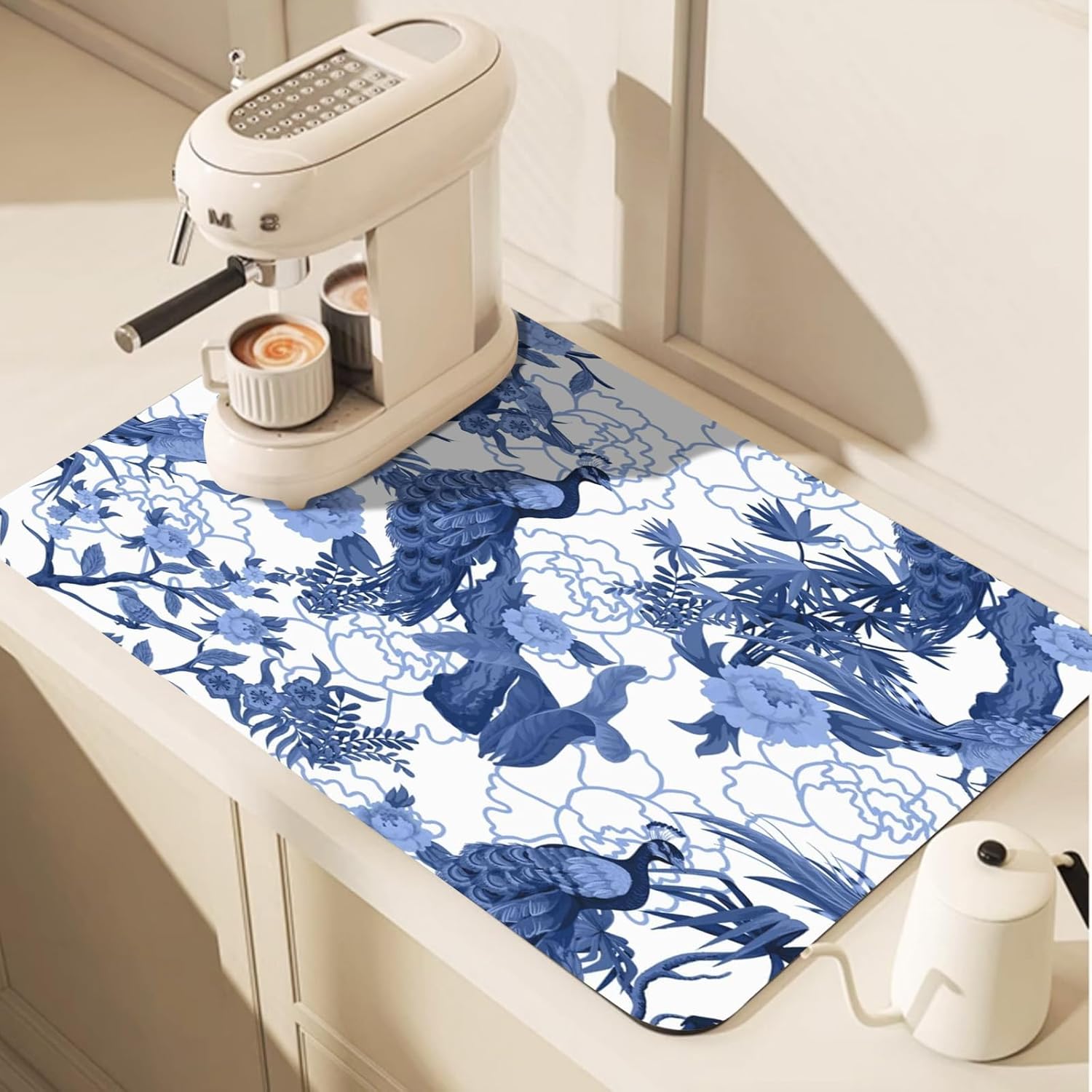 Dish Drying Mat for Kitchen Counter,Blue Peacocks Birds Dish Drying Pad with Non - slip Rubber Backed 19.7"x15.7" Hide Stain Anti Absorbent for Kitchen Counter, Drying Mat for Coffee Machine - cafe - crumble.com