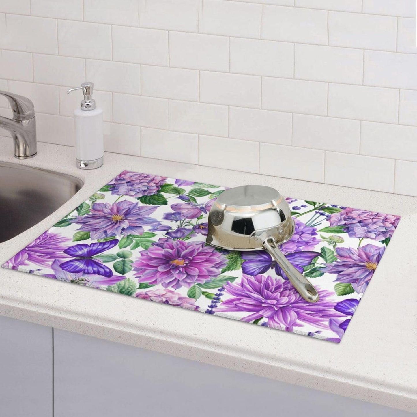 Purple Hydrangea Flowers Dish Drying Mat,Butterfly Floral Drying Rack Pad Countertop Dishes Ultra Absorbent Microfiber Kitchen Counter Mat for Coffee Countertop Decor 18x24 Inch - cafe - crumble.com