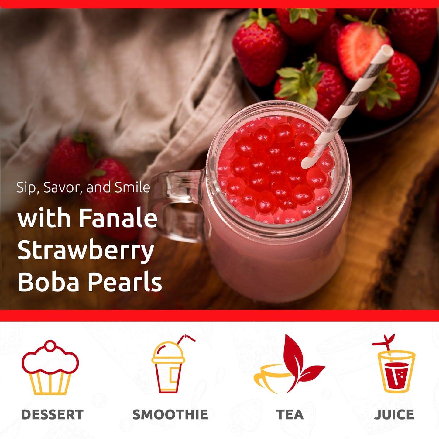 Fanale Strawberry Popping Boba Pearls, Vegan, Non GMO, Gluten Free, Fat Free, Perfect for Bubble Tea, Smoothies, Ice Cream, Desserts, and Beverages.