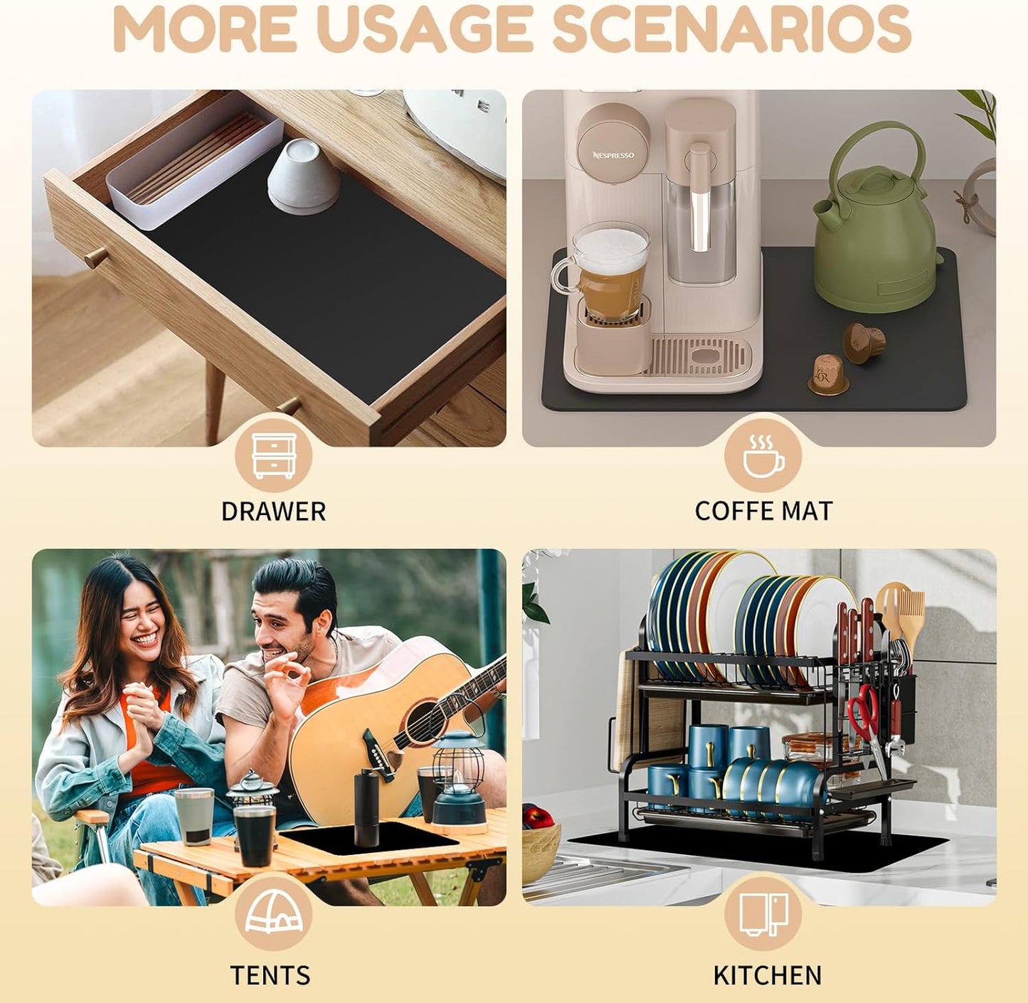 Coffee Mat Hide Stain Rubber (Black, 40cm×50cm), Coffee Bar Accessories Fit Under Espresso Machine CoffeeMaker Coffeepot, Backed Absorbent Dish Drying Mat for Kitchen Counter (Black, 20"x24") - cafe - crumble.com