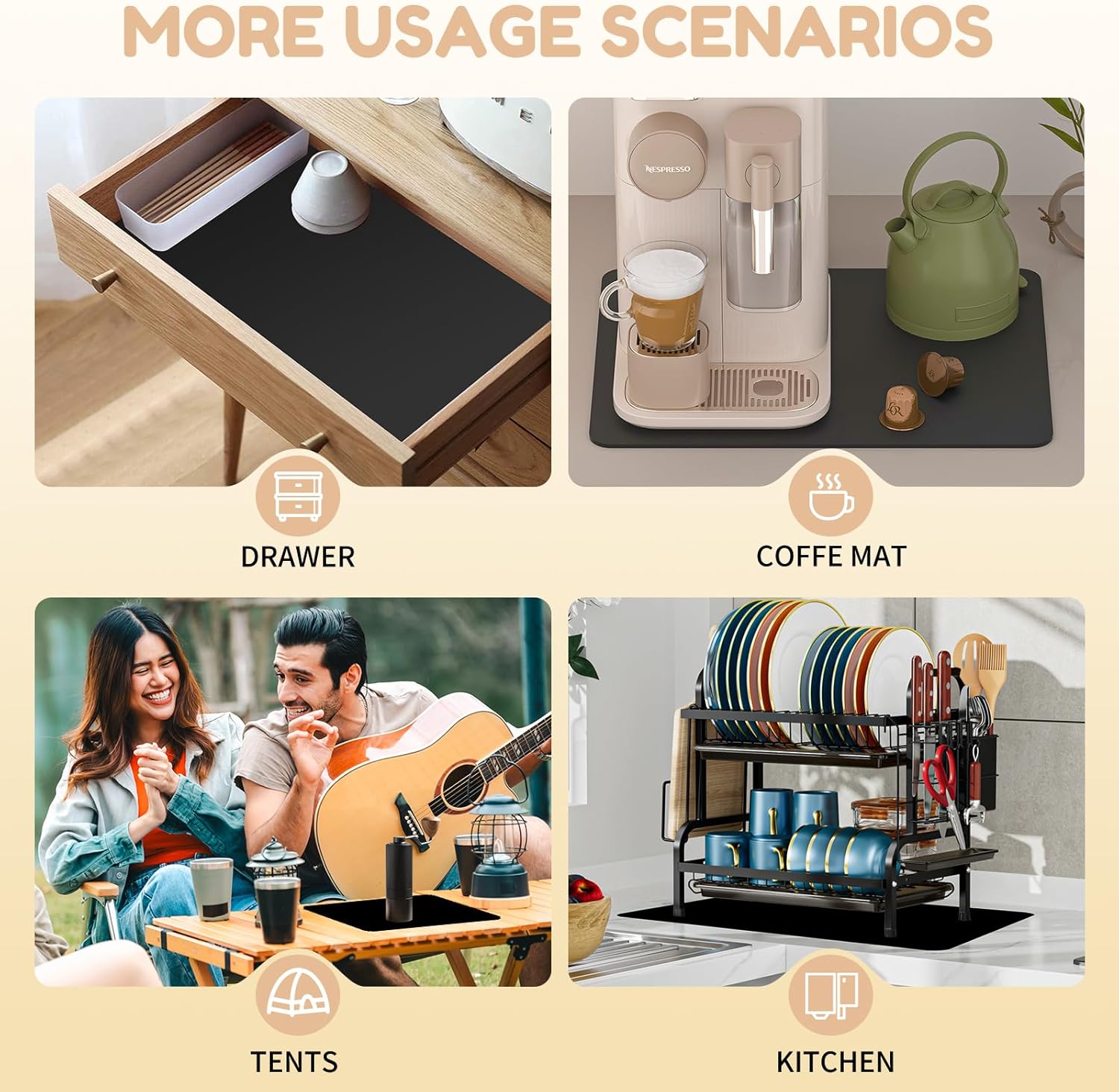 Coffee Mat Hide Stain Rubber (Black, 40cm×50cm), Coffee Bar Accessories Fit Under Espresso Machine CoffeeMaker Coffeepot, Backed Absorbent Dish Drying Mat for Kitchen Counter (Black, 20"x24") - cafe - crumble.com