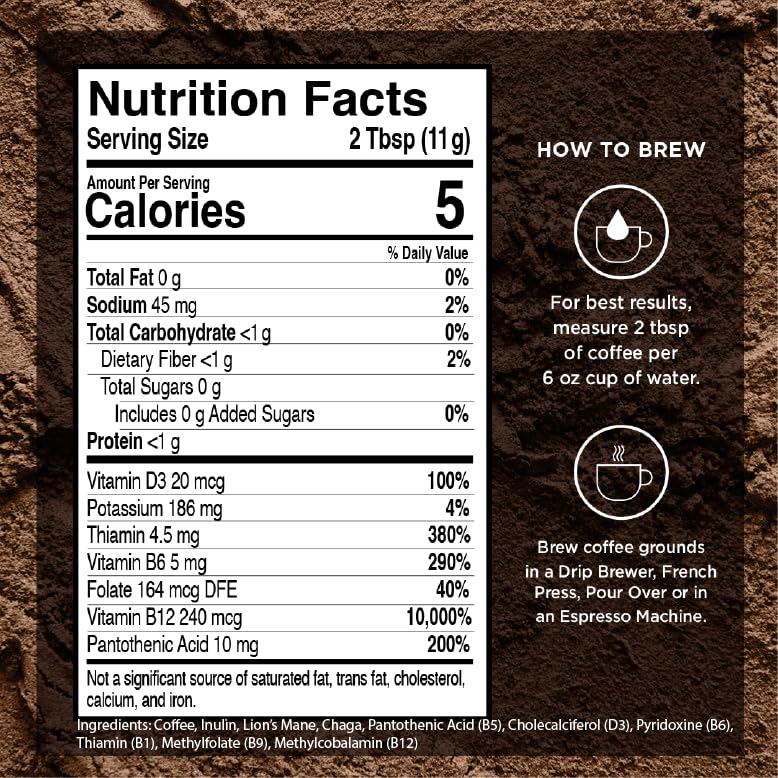 VitaCup Focus Mushroom Coffee Grounds, with Lions Mane, Chaga, B Vitamins, D3, Boost Focus, Immunity, Memory & Clarity, Medium Dark Roast, 100% Arabica Specialty, 20oz, 52 Servings