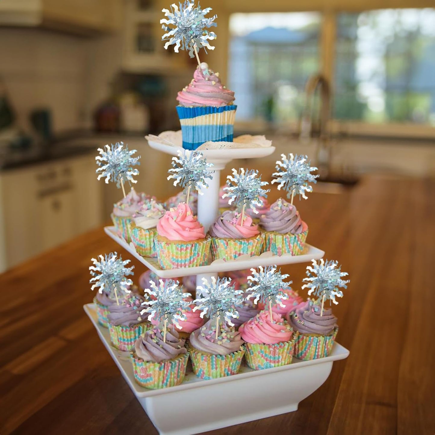 Gyufise 30Pcs Foil Firework Cupcake Toppers Sparkle Tinsel Cake Toppers Tinsel Drink Cake Decoration Cocktail Picks for Birthday Wedding Graduation Party Supplies Silver