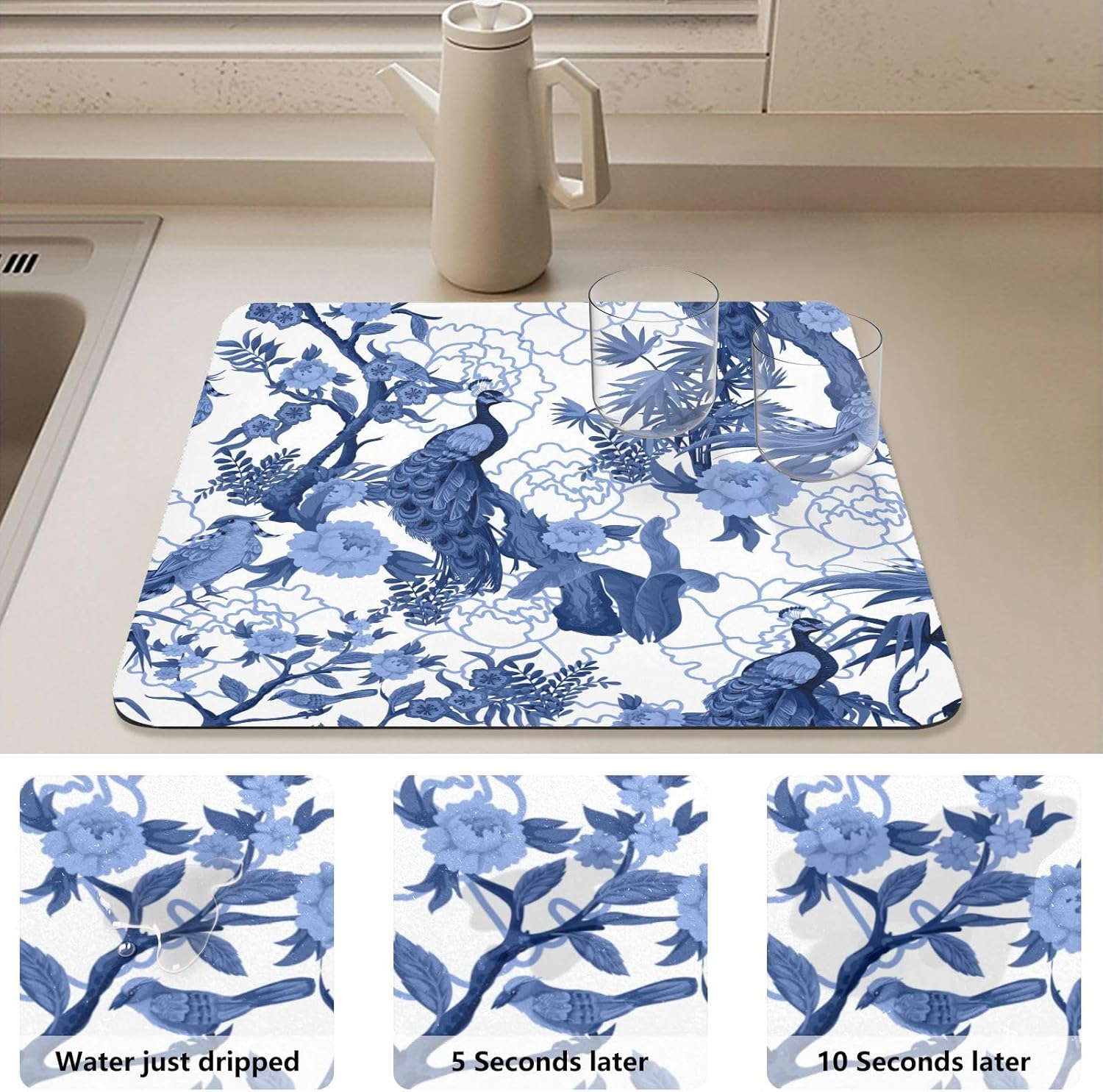 Dish Drying Mat for Kitchen Counter,Blue Peacocks Birds Dish Drying Pad with Non - slip Rubber Backed 19.7"x15.7" Hide Stain Anti Absorbent for Kitchen Counter, Drying Mat for Coffee Machine - cafe - crumble.com