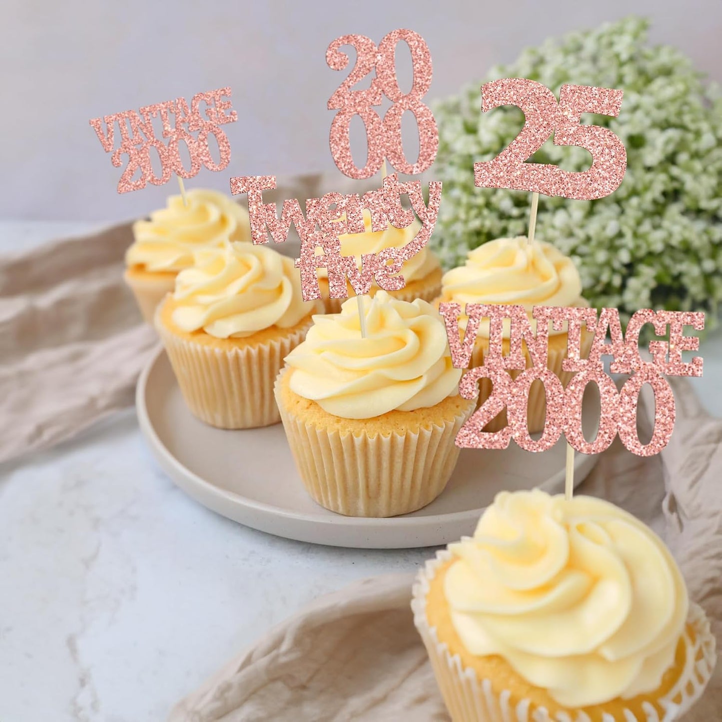 Gyufise 24Pcs 25th Birthday Cupcake Toppers Glitter Twenty-five Vintage 2000 Hello 25 Years Birthday Cupcake Picks Cheers to 25 Cake Decor for Happy 25th Anniversary Party Supplies Rose Gold