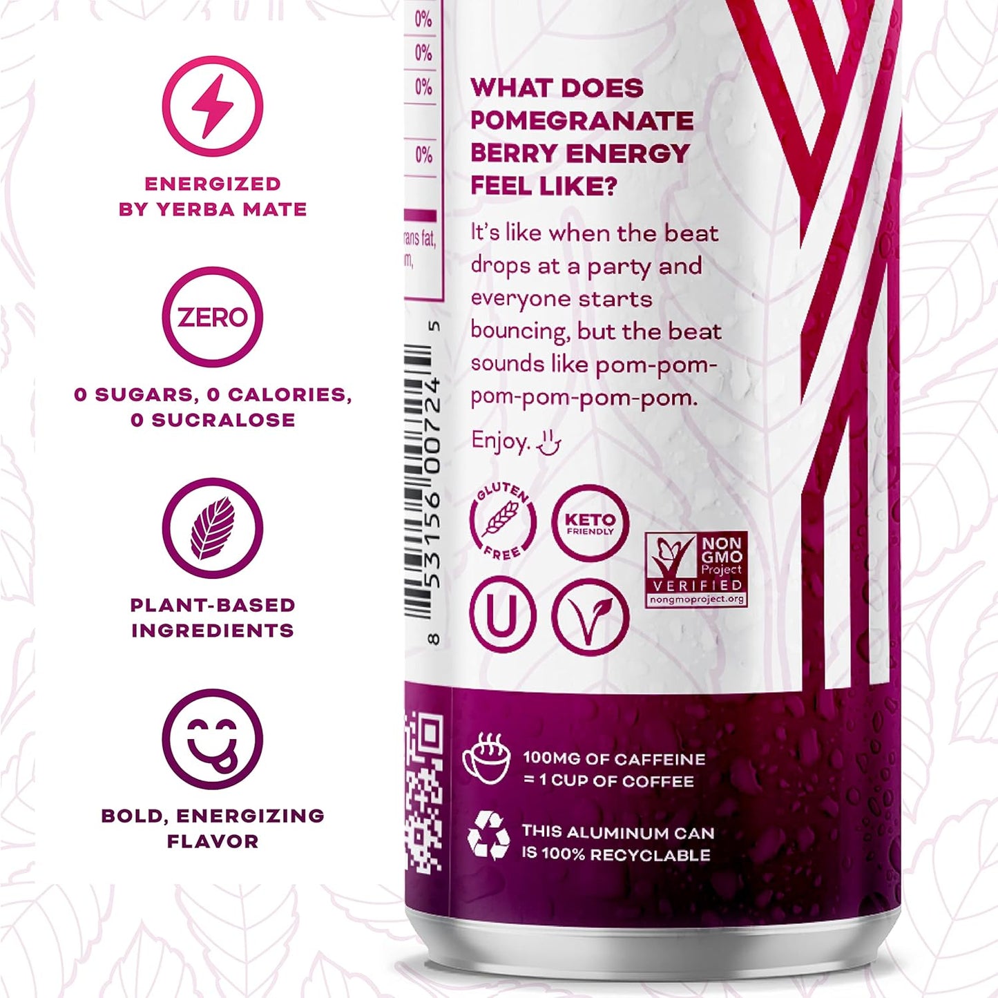 Yerbaé Energy Seltzer - Pomegranate Berry, No Sugar/Calories/Carbs. Energized by Yerba Mate, Naturally Caffeinated Plant-Based, Healthy Alternative to Coffee, Sugary Sodas, Pack of 12, 12oz cans