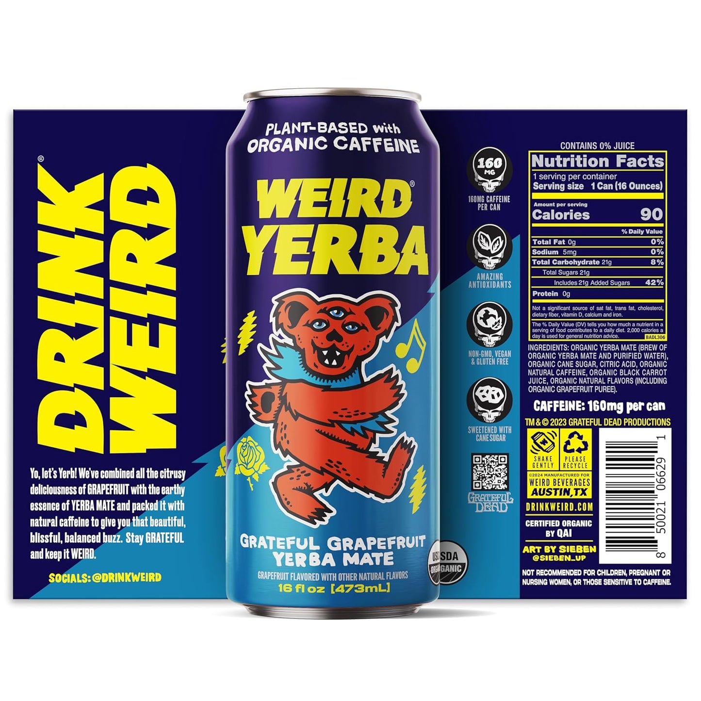 Drink Weird Organic Grateful Grapefruit Yerba Mate – 16oz Cans, 160mg Organic Caffeine, Pack of 12 – Grateful Dead Collab, Healthy Energy Drink Alternative