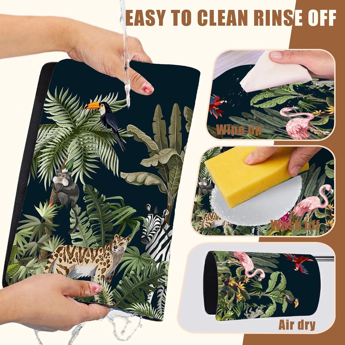 Jungle Animals Coffee Mat Tropical Dish Drying Mat for Kitchen Counter Absorbent Hide Stain Rubber Backed Coffee Bar Accessories Fit Under Espresso Machine Cafe Table, 15.7 x 23.6 Inch - cafe - crumble.com