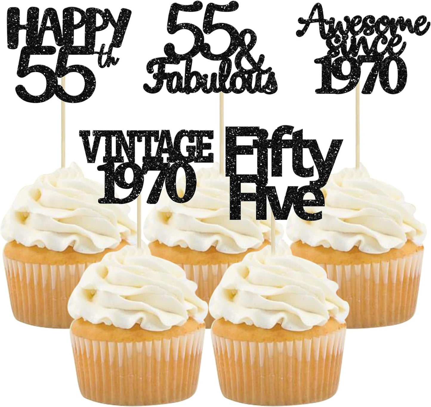 Gyufise 30 Pack Black Glitter Vintage 1970 Cupcake Toppers Glitter 55 Fabulous Happy 55 Cheers to 55 Years Birthday Cupcake Picks 55th Birthday Anniversary Cake Decorations Supplies