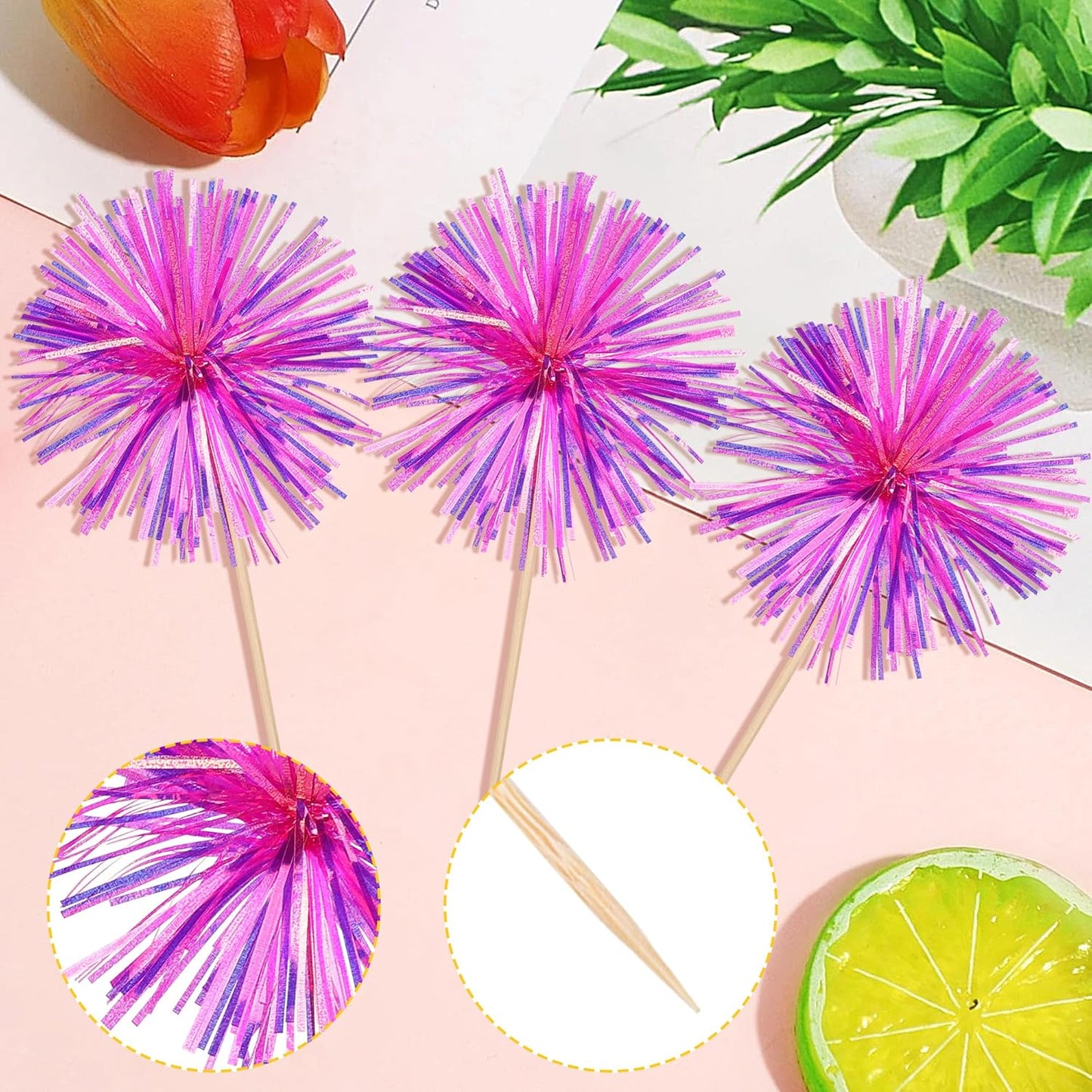 30 PCS Foil Firework Cupcake Toppers Happy Birthday Cupcake Toppers Sparkle Tinsel Flower Drink Stirrers Cocktail Fruit Toothpicks for Valentine's Day Baby Shower Party Cake Decor Supplies Rose Red
