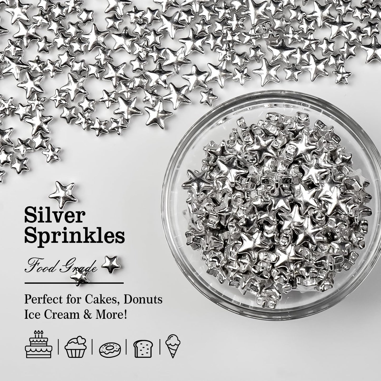 Silver Sprinkles for Cake Decorating, Star Candy Sugar, Mix Size, 150g/5.29oz, Food Grade, Cake Decoration, Cupcake Topper, Holiday, Party, Wedding Party, Birthday, Easter, Christmas Supplies - cafe - crumble.com