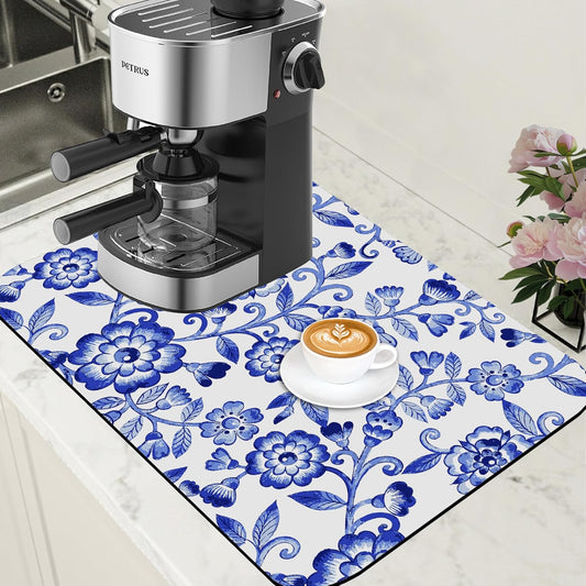 Dish Drying Mat Watercolor Blue Flowers Coffee Bar Mat for Countertop - Absorbent, Rubber Backed, Hide Stain Dish Drainer Rack - Coffee Maker Pot Dining Room Decor 15.7 x 23.6 Inch - cafe - crumble.com
