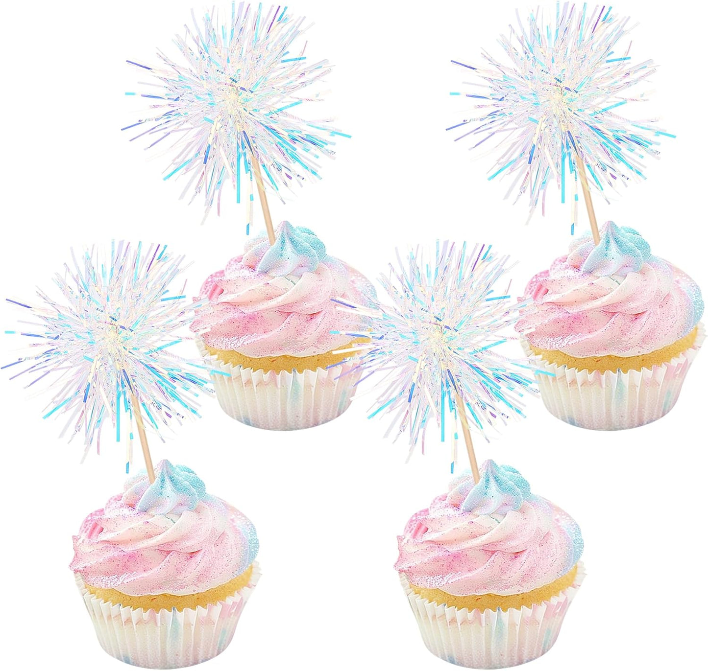 30 PCS Foil Firework Cupcake Toppers Happy Birthday Cupcake Toppers Sparkle Tinsel Flower Drink Stirrers Cocktail Fruit Toothpicks for Valentine's Day Baby Shower Party Cake Decor Supplies White