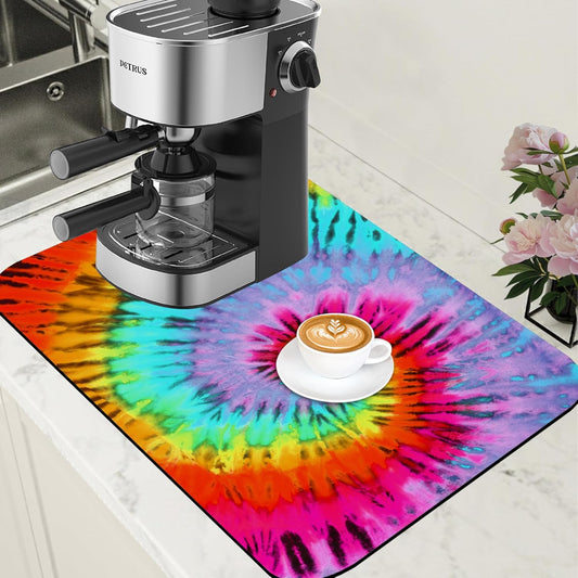 Dish Drying Mat Colorful Tie Dye Coffee Bar Mat for Countertop Absorbent Rubber Backed Hide Stain Dish Drainer Rack Pad Coffee Pot Espresso Machine Dining Room Decoration 15.7 x 23.6 Inch - cafe - crumble.com