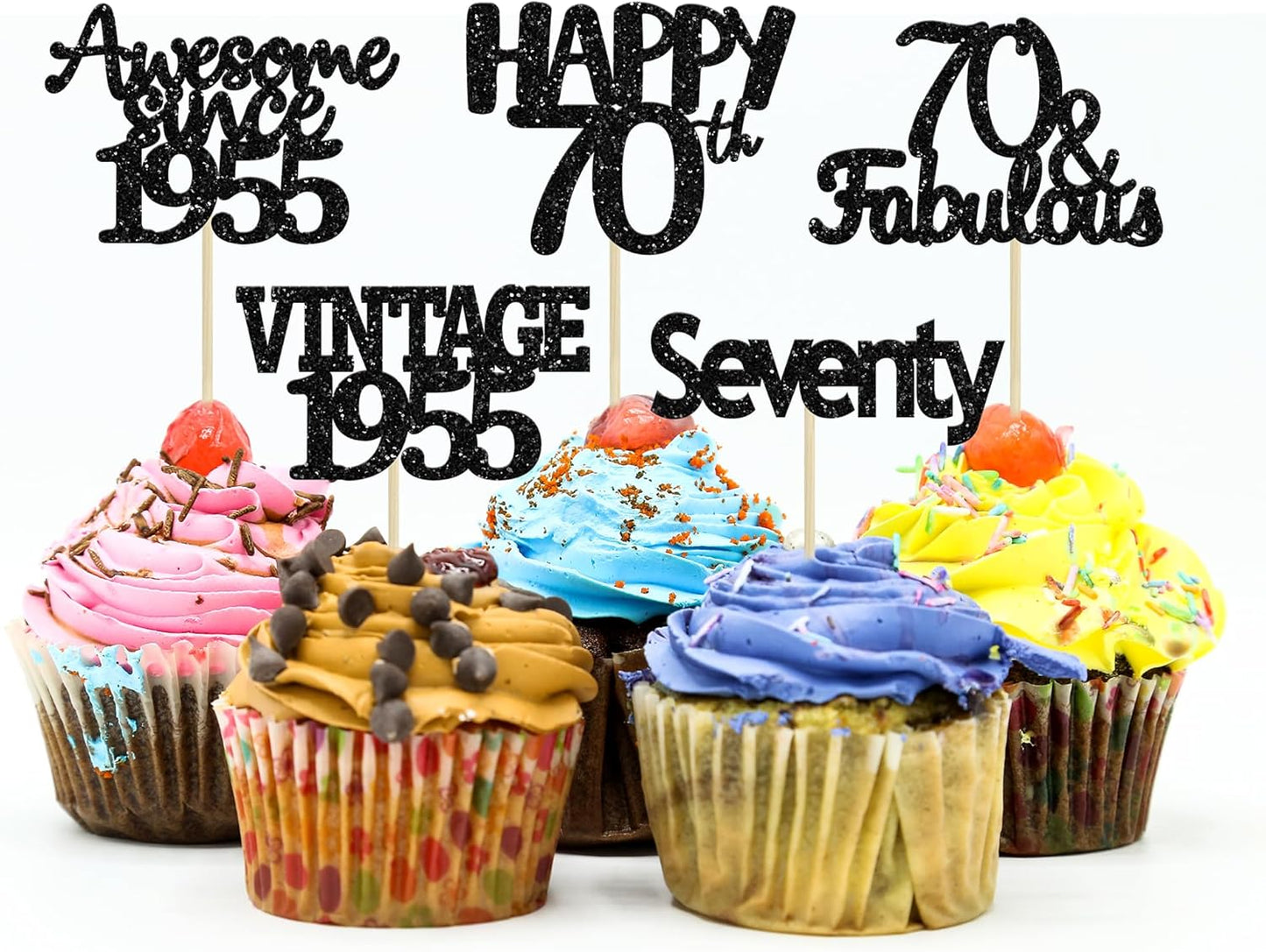 Gyufise 30Pcs 70th Birthday Cupcake Toppers Vintage 1955 Seventy Cake Decorations Cheers to 70 Fabulous Seventy Cupcake Picks 70th Birthday Wedding Anniversary Party Cake Decorations Supplies Black