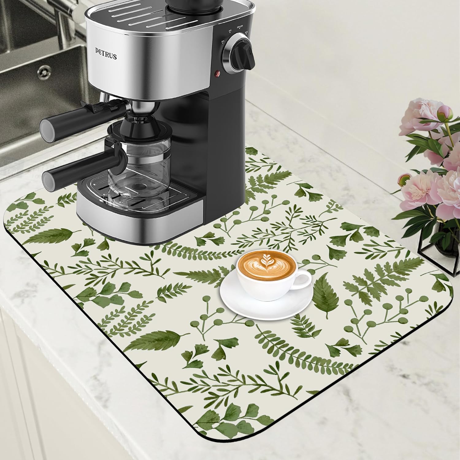 Green Leaf Coffee Mat Herb Dish Drying Mat for Kitchen Counter Hide Stain Rubber Backed Absorbent Coffee Bar Accessories Fit Under Espresso Machine Cafe Table, 11.8 x 19.7 Inch - cafe - crumble.com