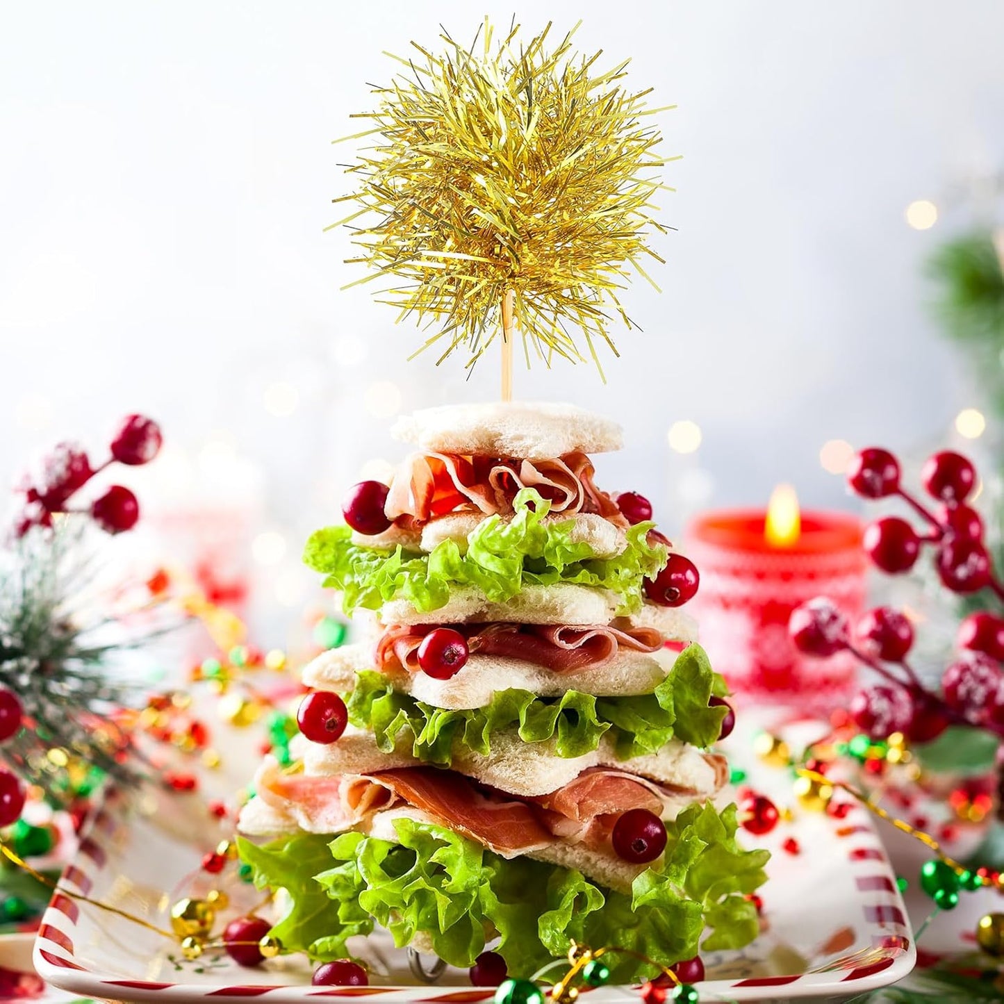 Chinco 100 Pcs Foil Firework Cupcake Toppers Sparkle Tinsel Cake Toppers Cake Decoration Cocktail Fruit Toothpick for Birthday Wedding Graduation Party(Green, Gold)