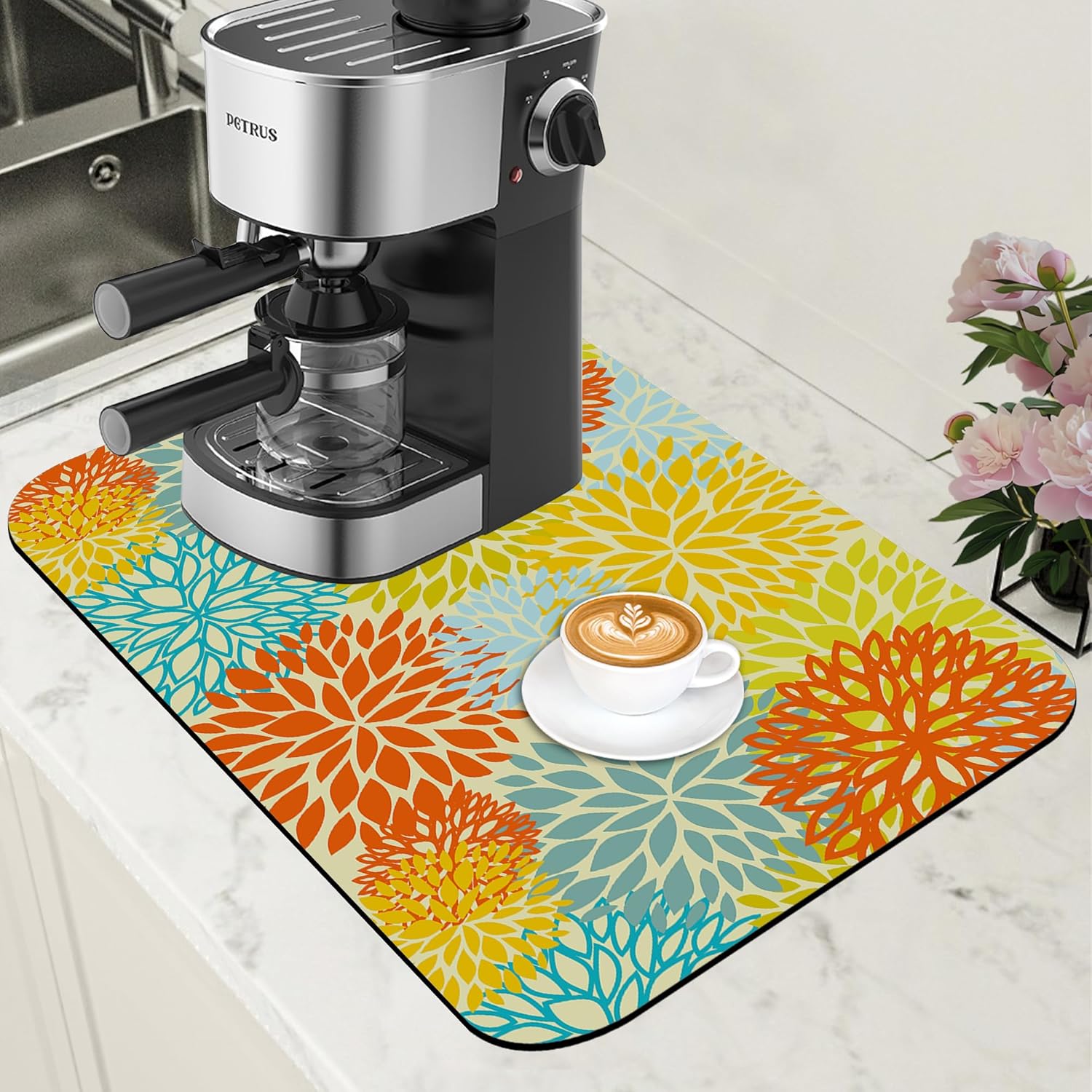 Orange and Blue Chrysanthemum Flower Coffee Mat Absorbent Dish Drying Mat Hide Stain Rubber Backed Coffee Bar Accessories Fit Under Espresso Machine Cafe Table 11.8 x 19.7 Inch - cafe - crumble.com