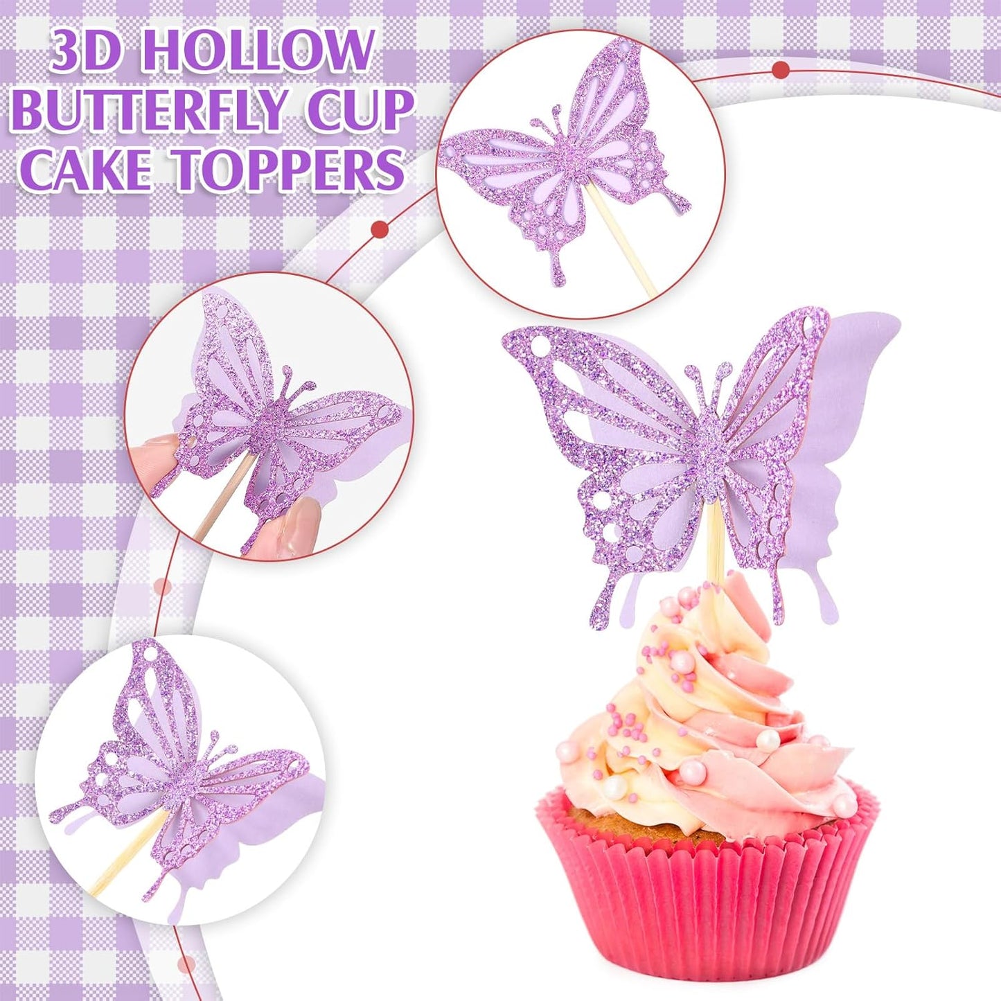 Chinco 48 Pcs Butterfly Cupcake Toppers Assembled Double Layer Cupcake Topper 3D Glitter Cake Topper Butterfly Cocktail Pick Decoration for Baby Shower Birthday Wedding(Glitter Purple,Retro Style)