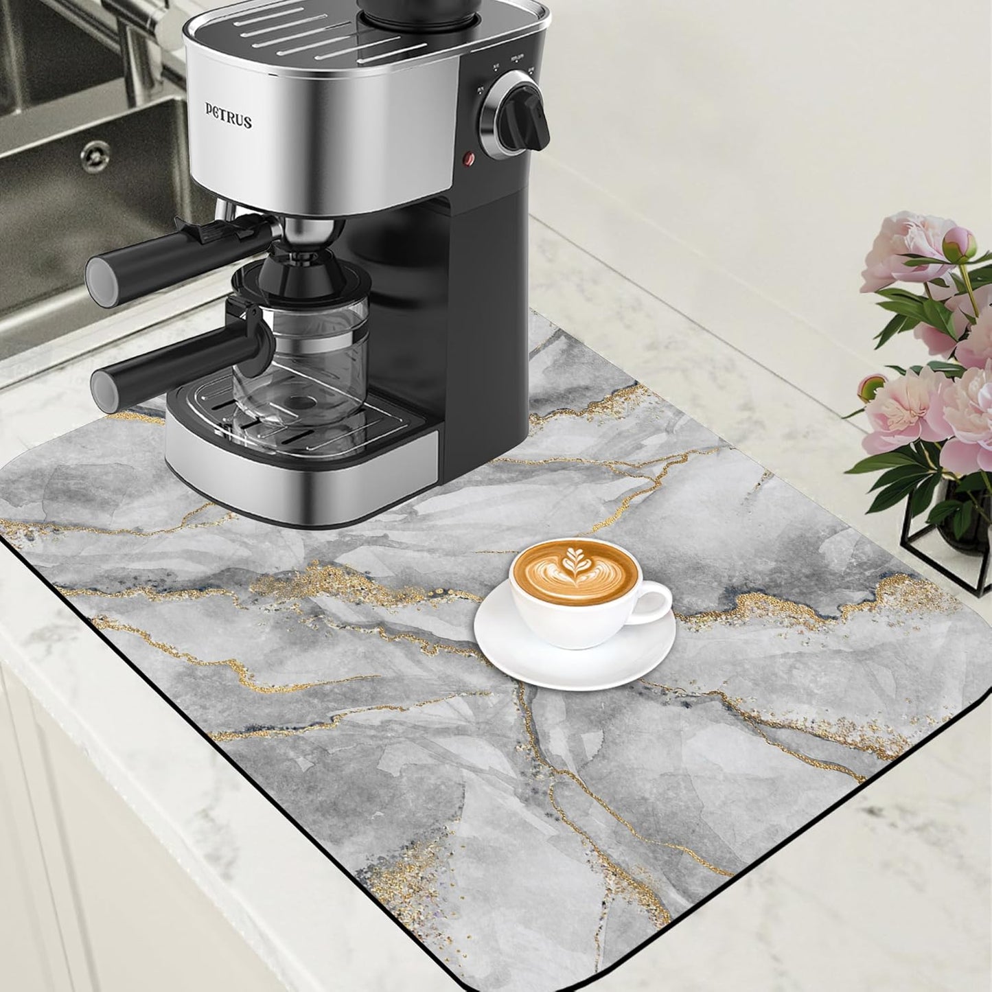 White and Gold Marble Dish Drying Mat for Kitchen Counter Absorbent Hide Stain Coffee Mat Rubber Backed Dish Drainer Rack Pad Espresso Machine Coffee Bar Accessories 15.7 x 23.6 Inch - cafe - crumble.com