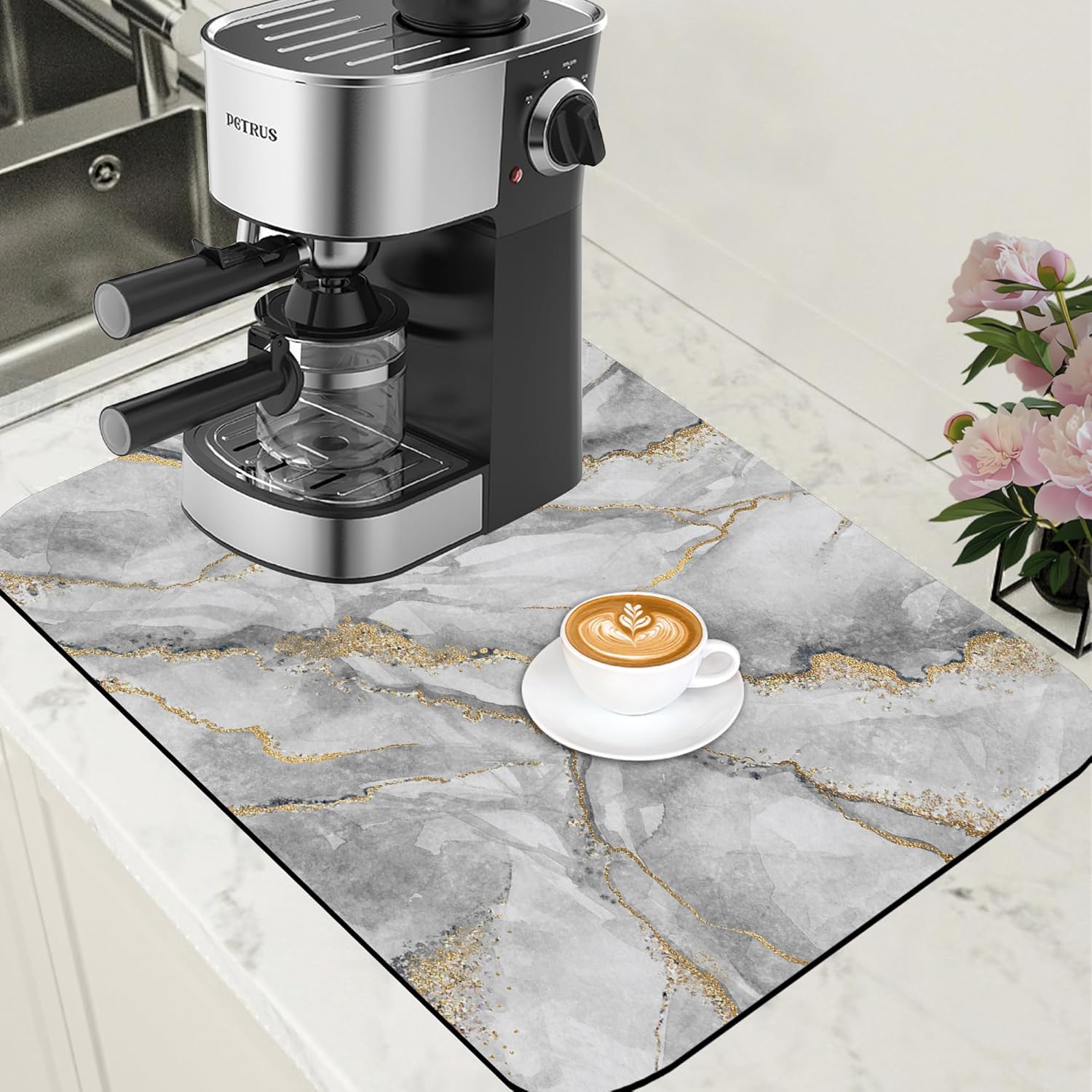 White and Gold Marble Dish Drying Mat for Kitchen Counter Absorbent Hide Stain Coffee Mat Rubber Backed Dish Drainer Rack Pad Espresso Machine Coffee Bar Accessories 15.7 x 23.6 Inch - cafe - crumble.com