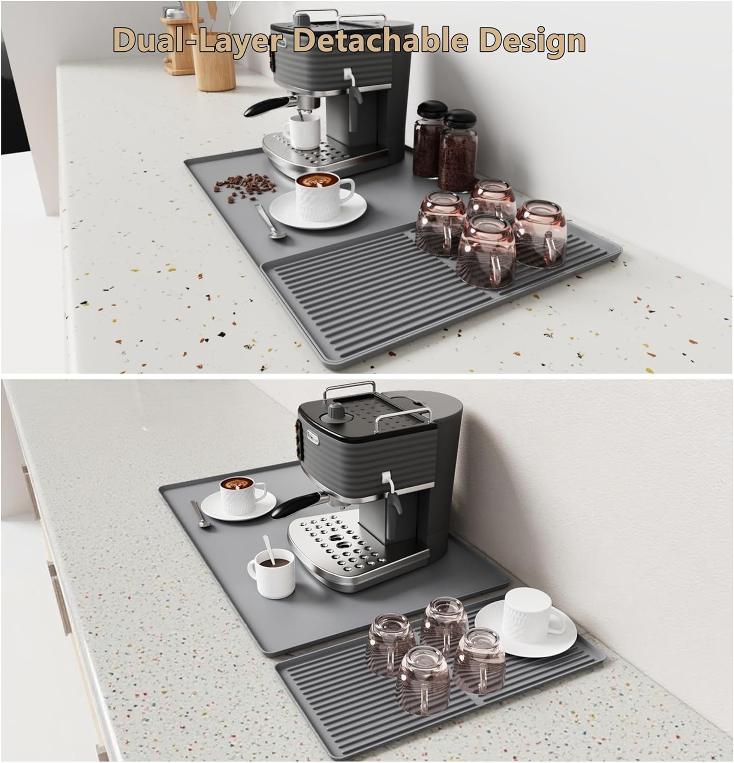 Coffee Bar Mat, Coffee Maker Mat, 24"x16" Silicone Coffee Mat, Spill - Proof, Heat - Resistant, Non - Slip, Fits Under Coffee Maker & Dish Rack (Gray, 24"x16") - cafe - crumble.com
