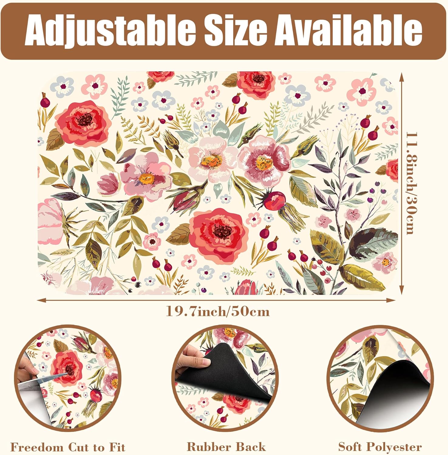 Vintage Flowers Coffee Mat Rose Berries Dish Drying Mat for Kitchen Counter Hide Stain Absorbent Rubber Backed Coffee Bar Accessories Fit Under Espresso Machine Dish Drainer, 11.8 x 19.7 Inch - cafe - crumble.com