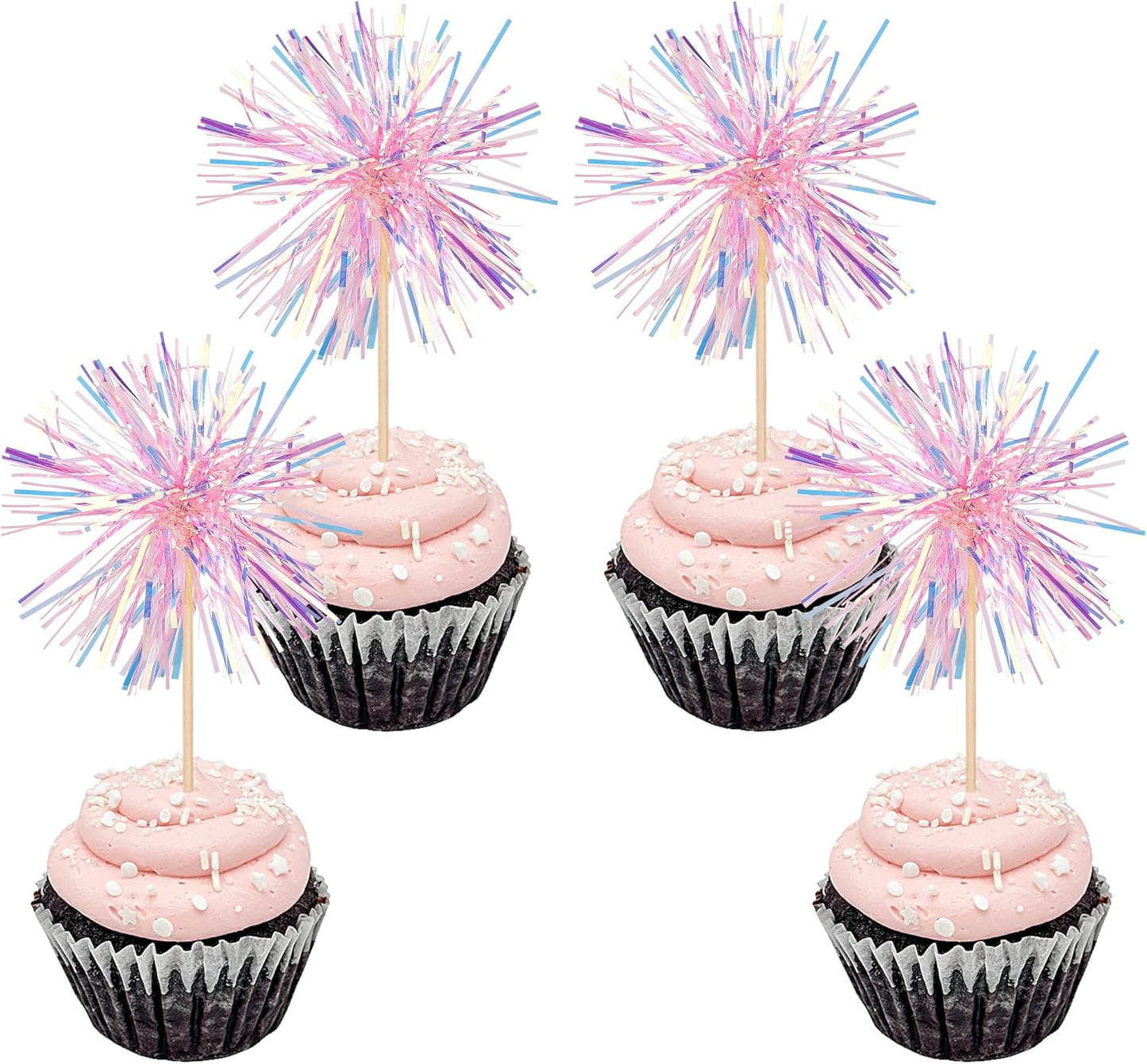 30 PCS Foil Firework Cupcake Toppers Happy Birthday Cupcake Toppers Sparkle Tinsel Flower Drink Stirrers Cocktail Fruit Toothpicks for Valentine's Day Baby Shower Party Cake Decor Supplies Pink