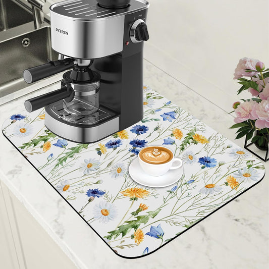 Watercolor Wildflower Dish Drying Mat for Kitchen Counter Hide Stain Absorbent Drying Rack Pad Rubber Backed Coffee Mat Espresso Machine Coffee Bar Accessories 11.8 x 19.7 Inch - cafe - crumble.com