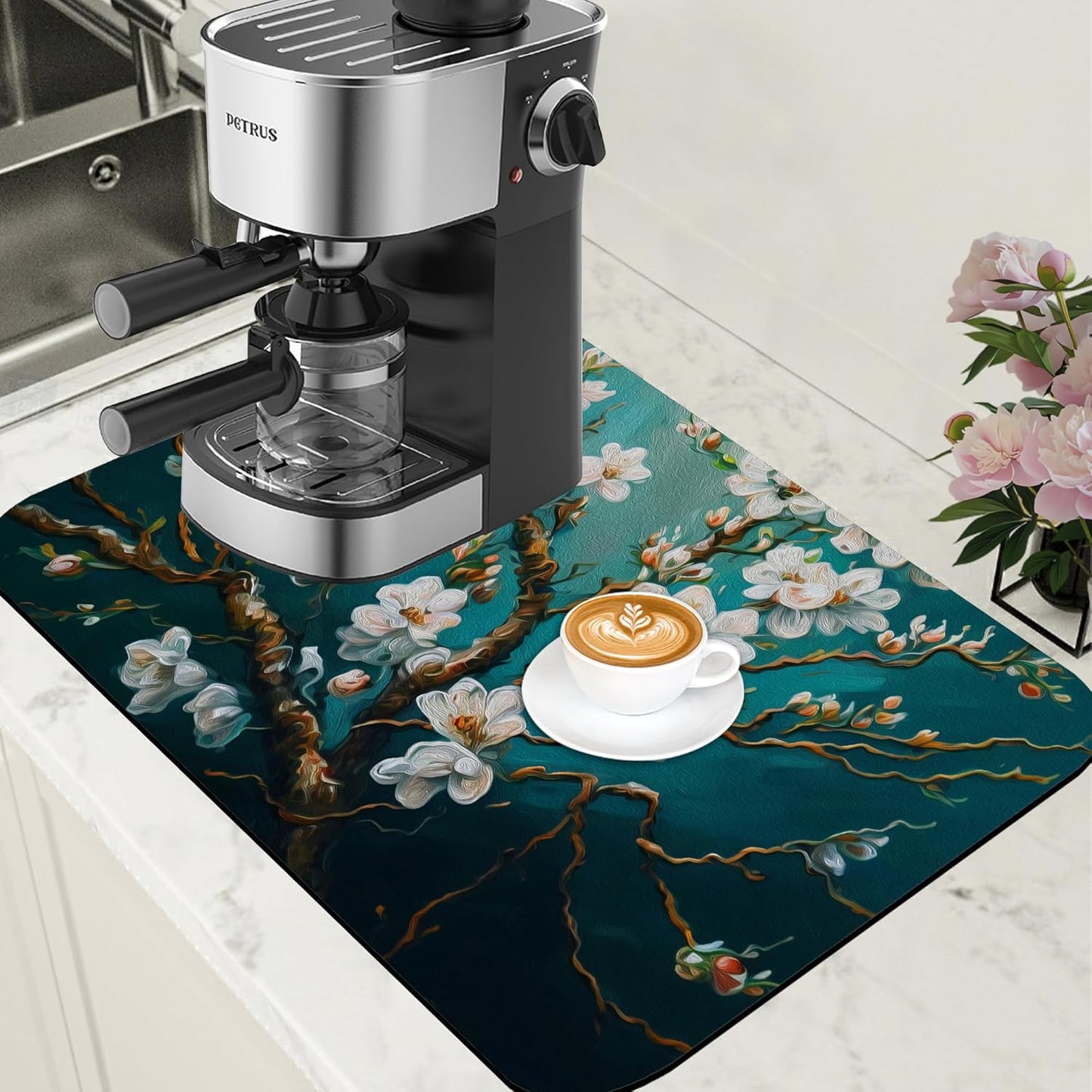 Blossoming Almond Tree Dish Drying Mat for Kitchen Counter Bar Mat Hide Stain Absorbent Rubber Backed Coffee Mat Coffee Maker Espresso Machine Bar Accessories 15.7 x 23.6 Inch - cafe - crumble.com