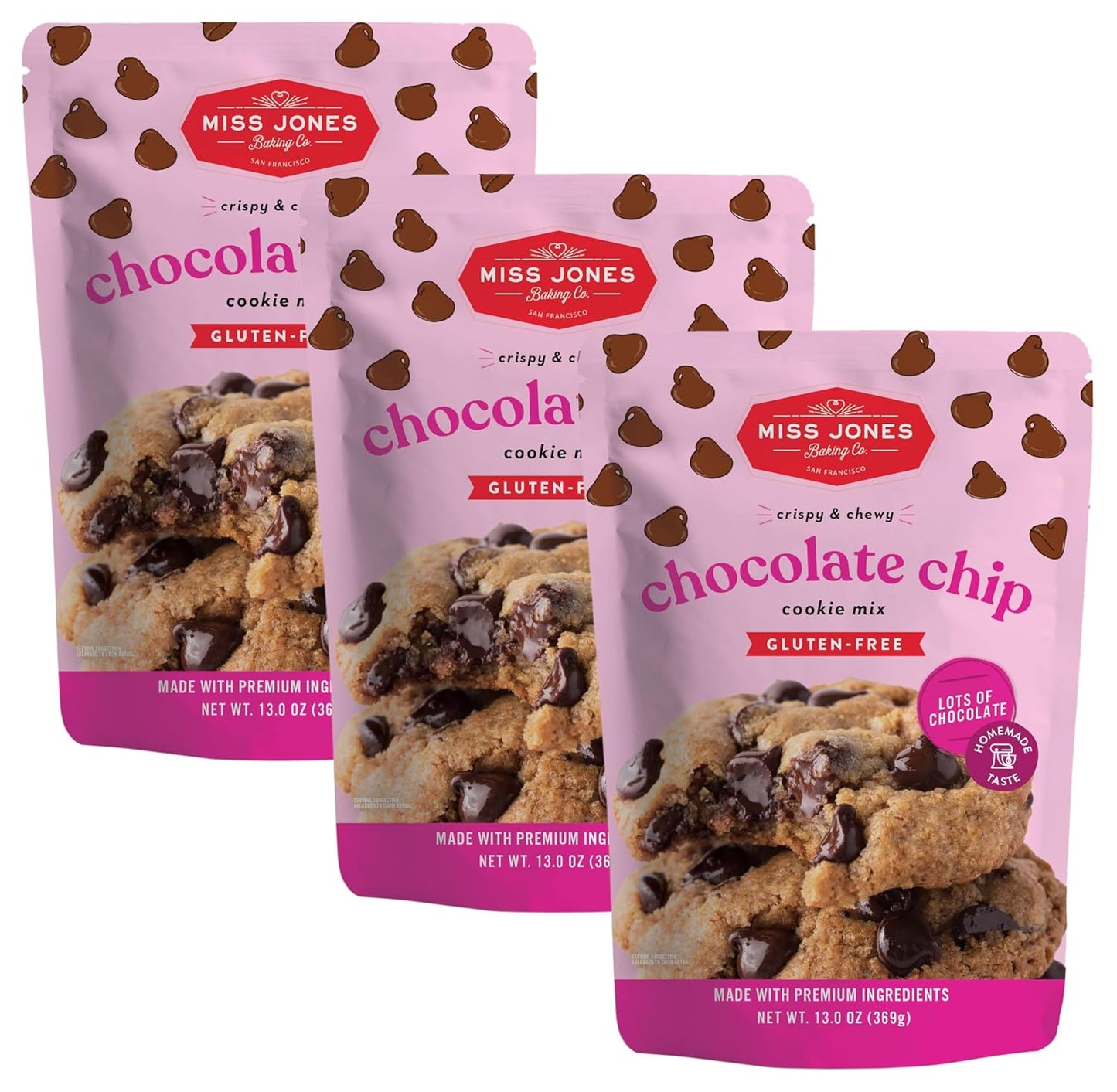 Miss Jones Baking Chocolate Chip Cookie Mix - Whole Grains, More Chocolate Chips, 50% Lower Sugar, Naturally Sweetened Desserts & Treats (Pack of 3)