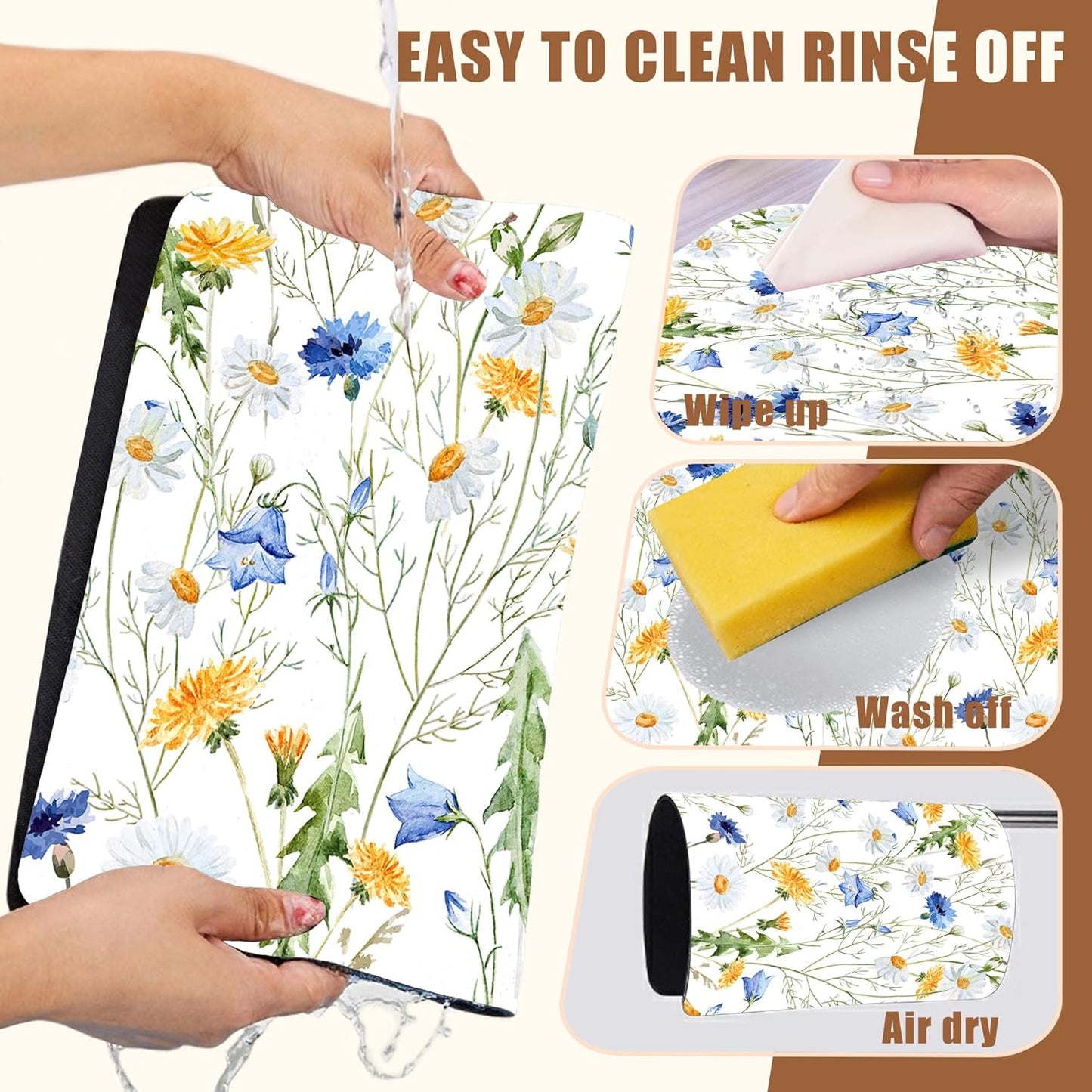 Watercolor Wildflower Dish Drying Mat for Kitchen Counter Hide Stain Absorbent Drying Rack Pad Rubber Backed Coffee Mat Espresso Machine Coffee Bar Accessories 11.8 x 19.7 Inch - cafe - crumble.com