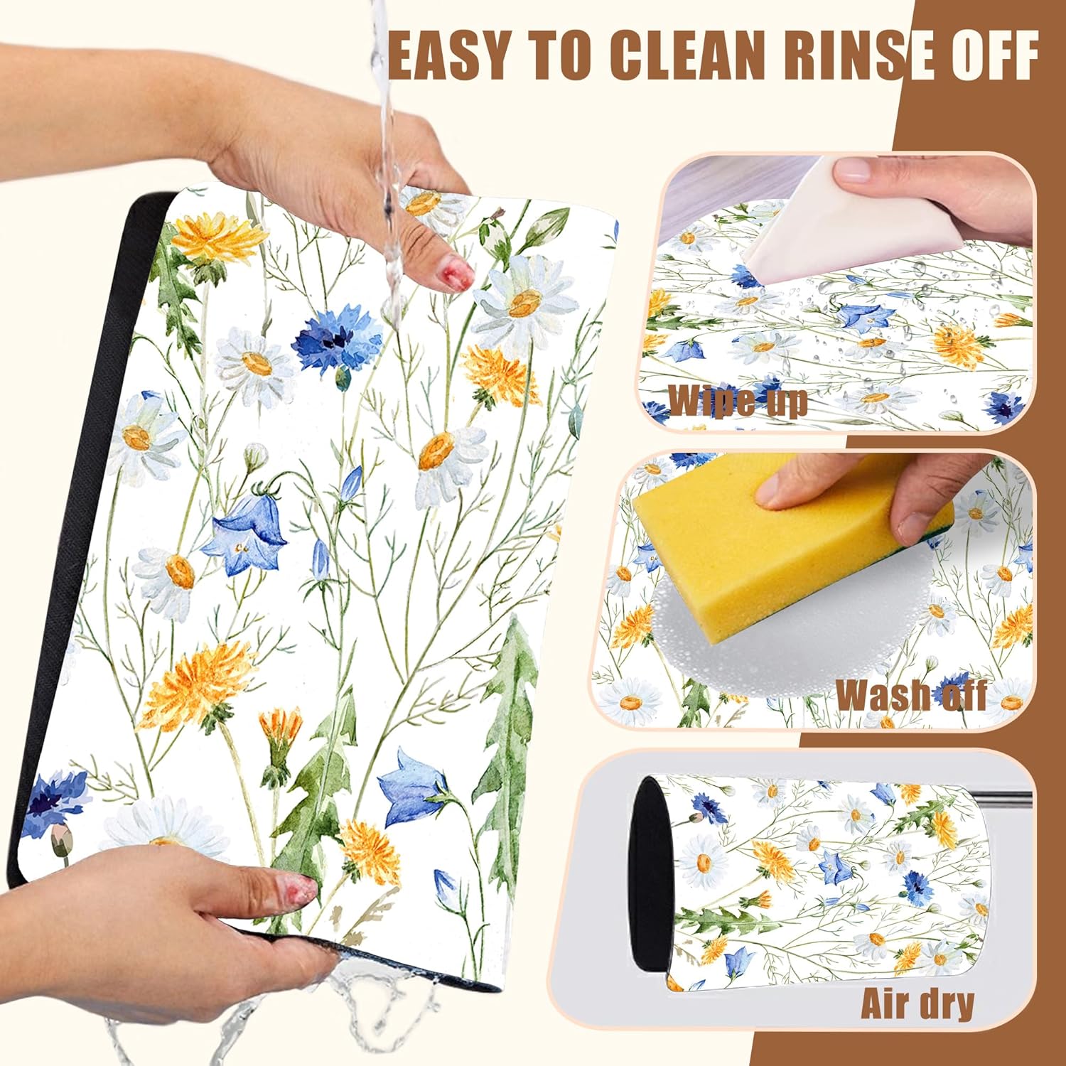 Watercolor Wildflower Dish Drying Mat for Kitchen Counter Hide Stain Absorbent Drying Rack Pad Rubber Backed Coffee Mat Espresso Machine Coffee Bar Accessories 11.8 x 19.7 Inch - cafe - crumble.com
